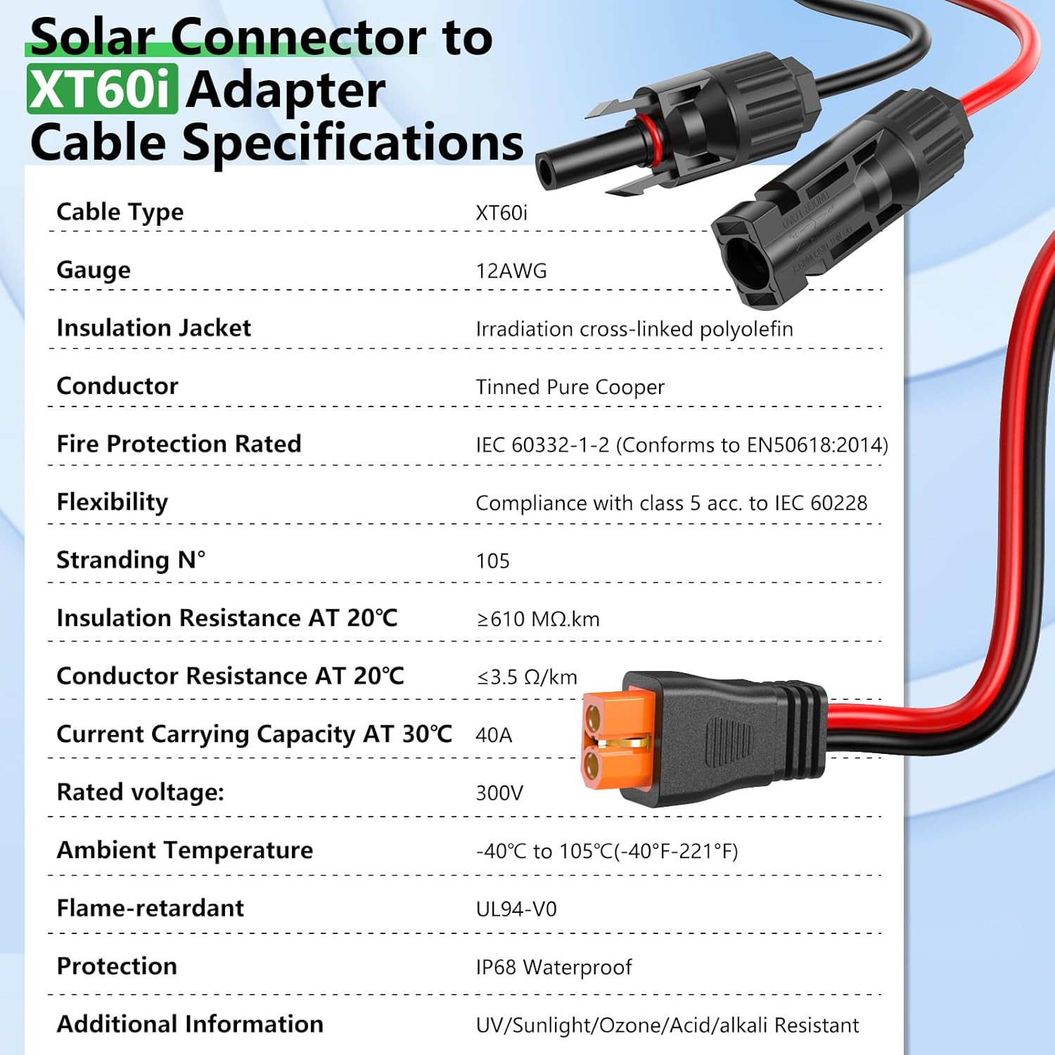 Vansdon Solar to Xt60I Extension Cable 12AWG 20FT Solar Connector to Xt60I Adapt
