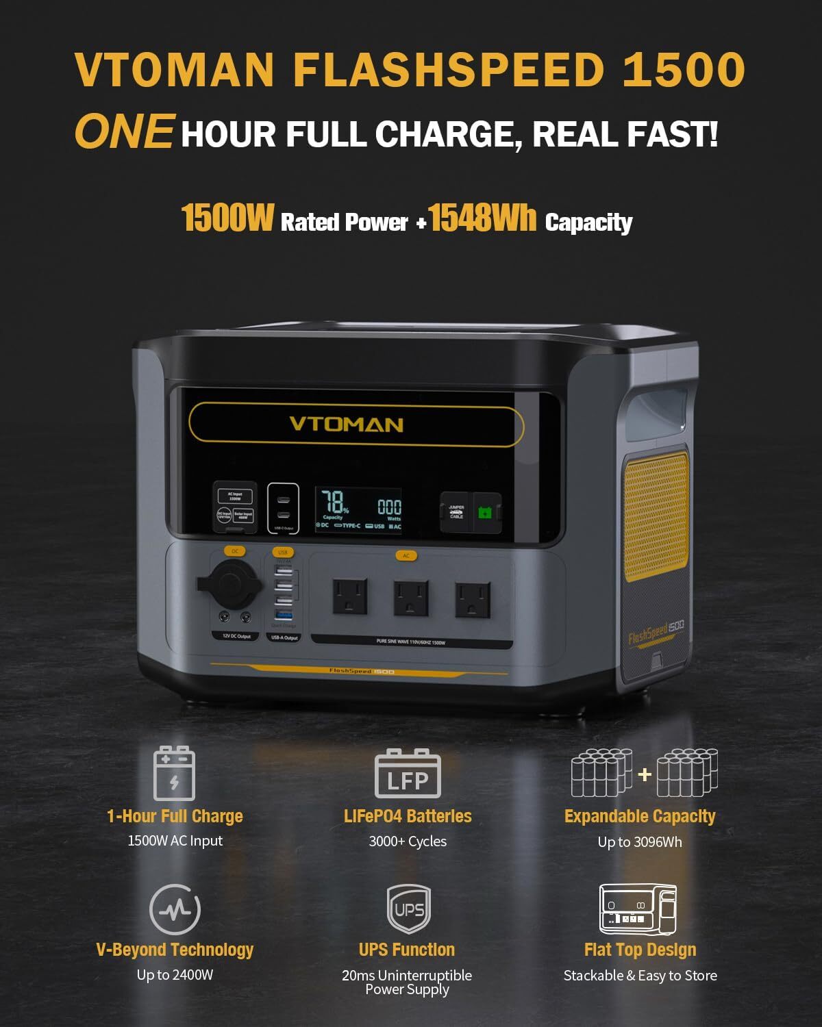 VTOMAN FlashSpeed 1500 Power Station With Extra Battery 3096Wh Solar Generator