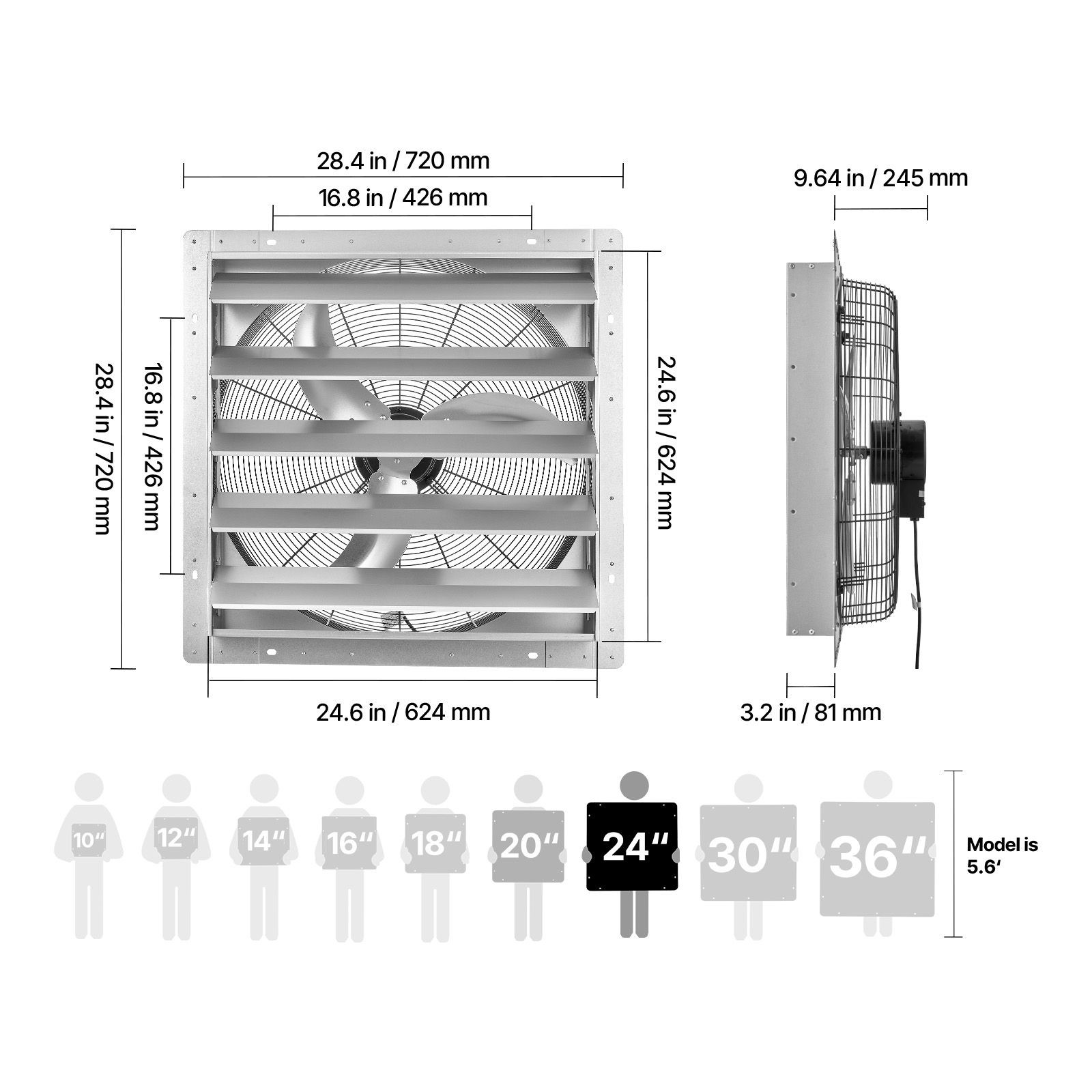 24 Inch Shutter Exhaust Fan Wall Mounted Automatic Louvers Silver, Sturdy Steel