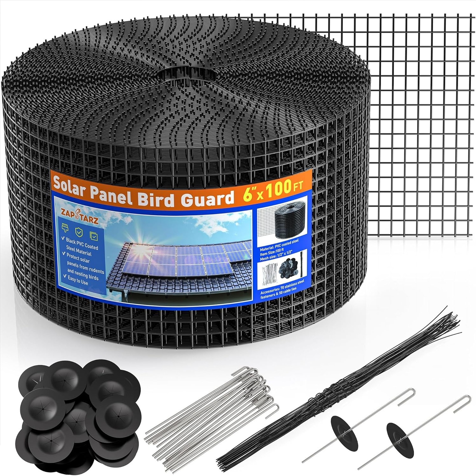 6 Inch by 100 Foot Solar Panel Bird Guard Mesh Critter Fence with Fasteners PVC