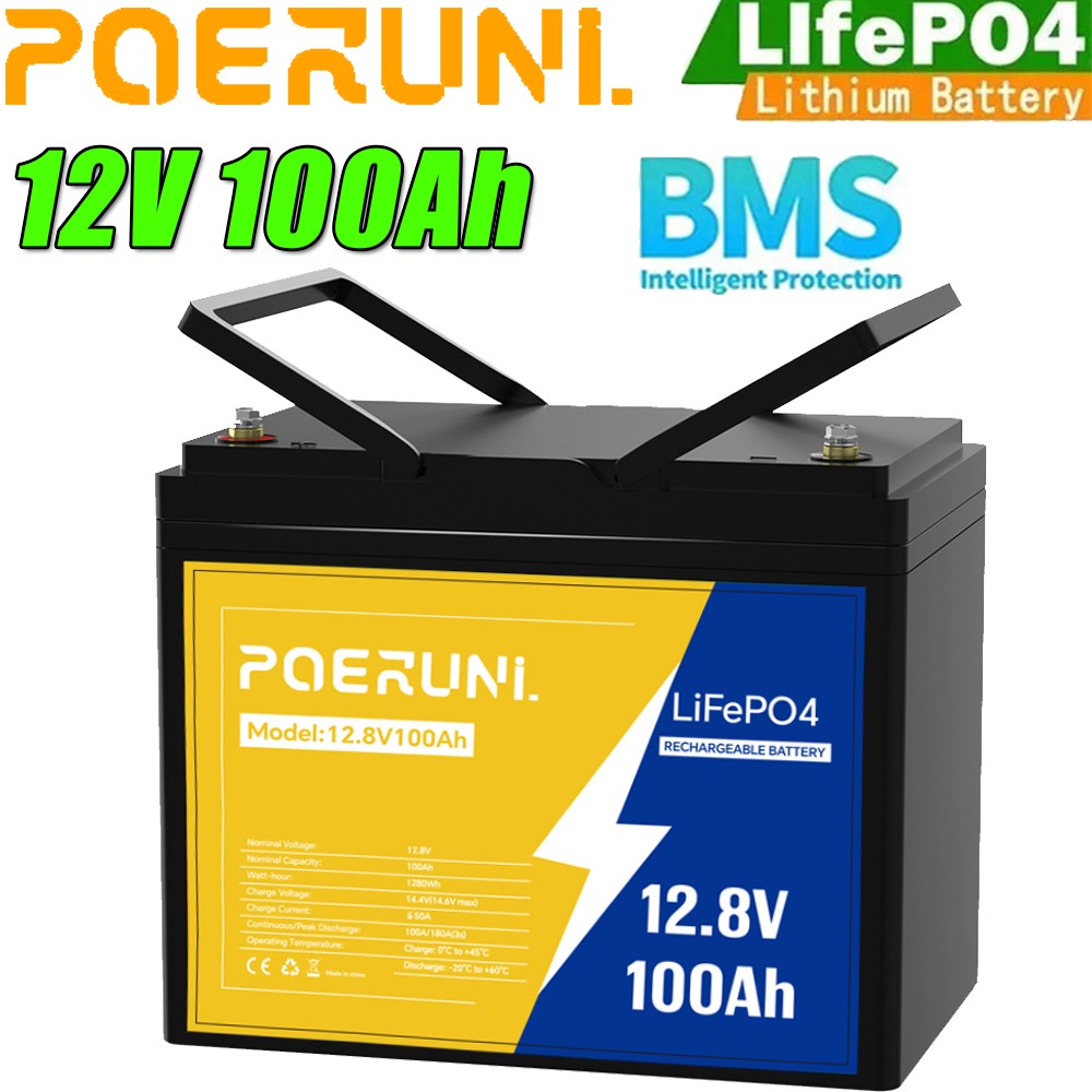 12V 100Ah LiFePO4 Lithium Battery 1280Wh Cycle Deep Built-in BMS for Solar RV