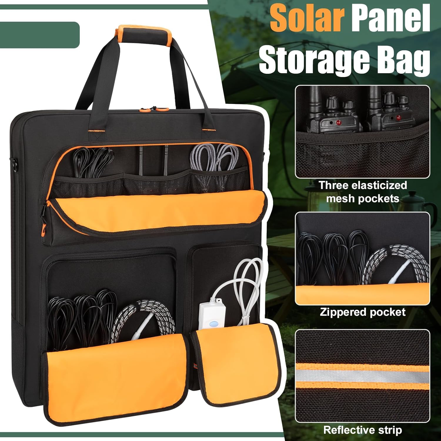 Solar Panel Storage Bag with Orange Lining, Deepened Opening, Zipper with Pull a