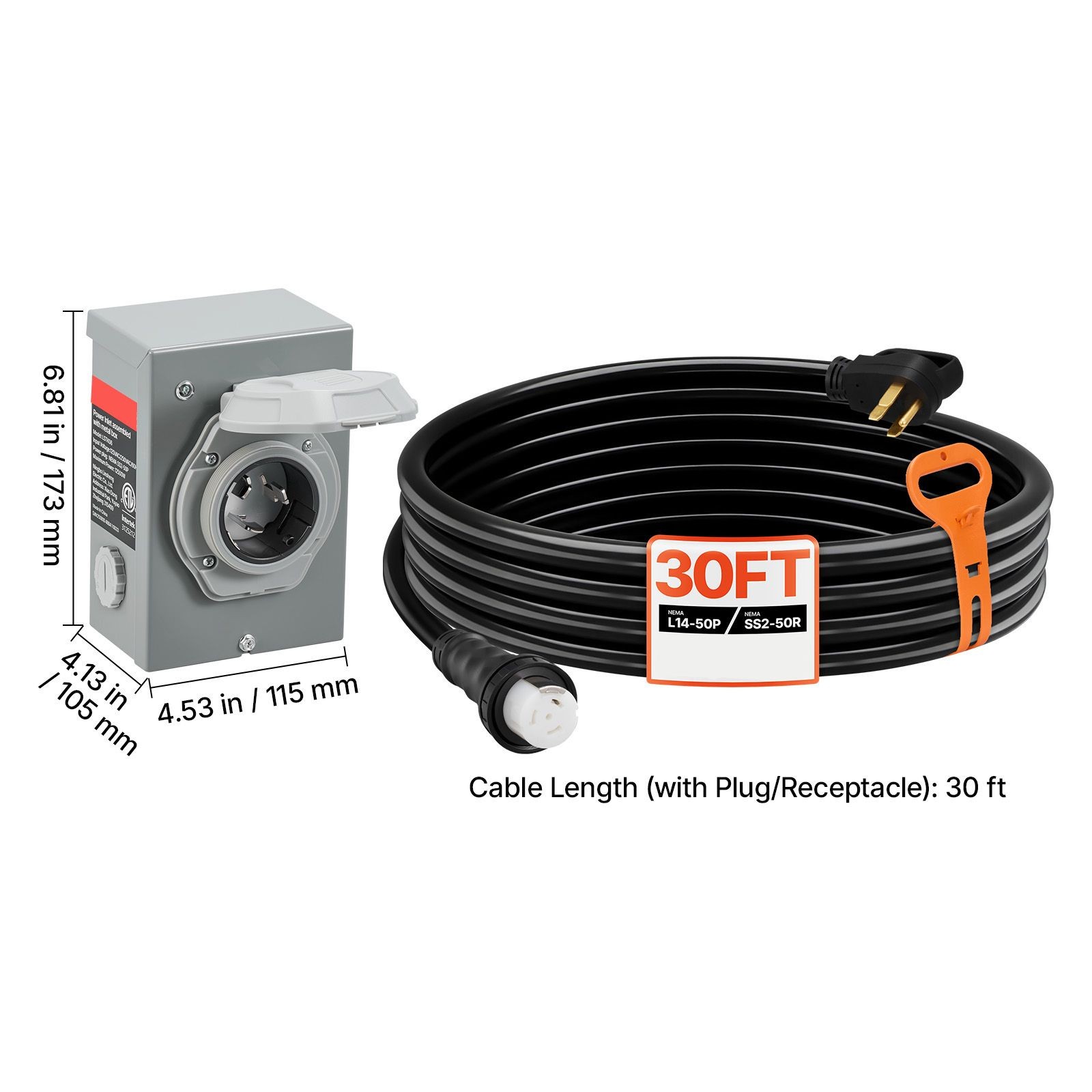 50 Amp Generator Cord and Power Inlet Box, 30FT, 125V/ 250V STW 6/ 3 + 8/ 1 AWG