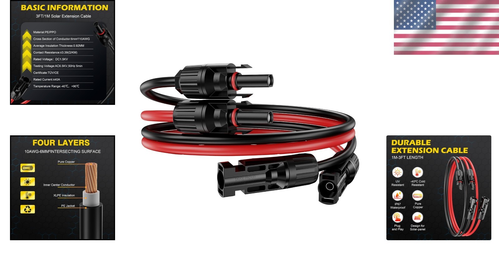 Universal 3FT Waterproof Solar Extension Cable – Reliable Red & Black Kit