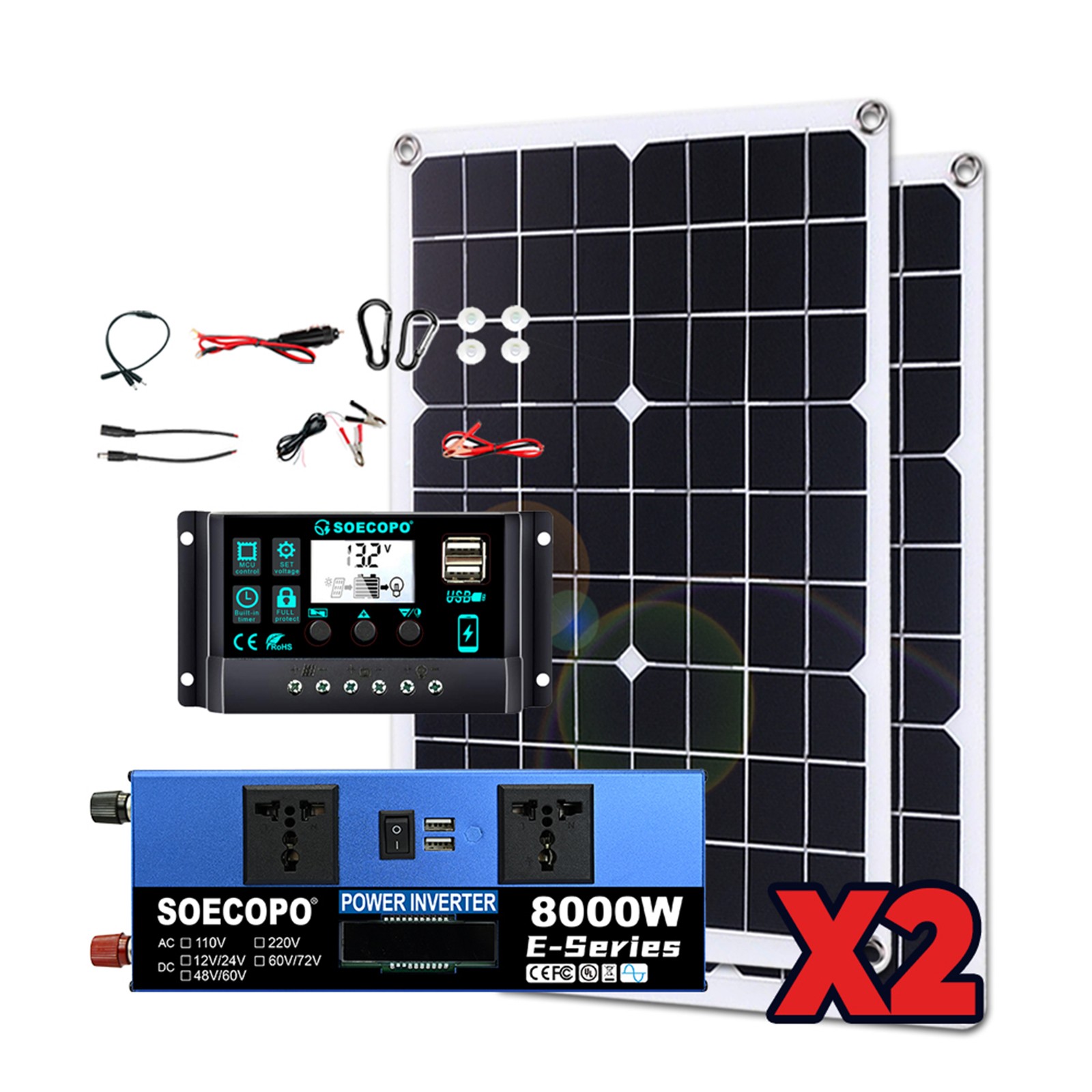 8000W Off-Grid Solar (12V/24V to 110V/220V) 2pcs Solar Panels,Charge Controlled1