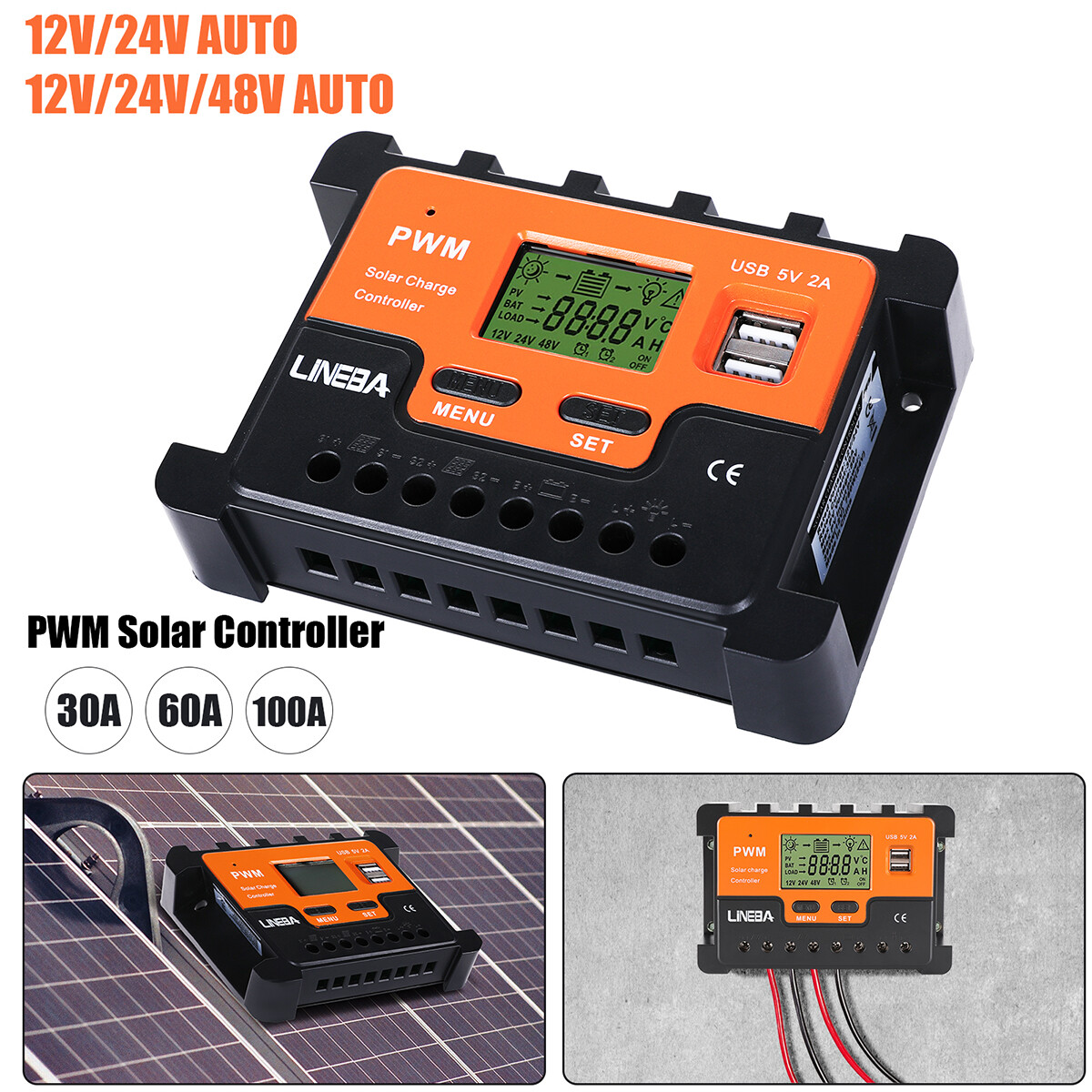 100A/60A/30A 12V/24V/36/48V PWM Solar Charge Controller Solar Panel PV Regulator