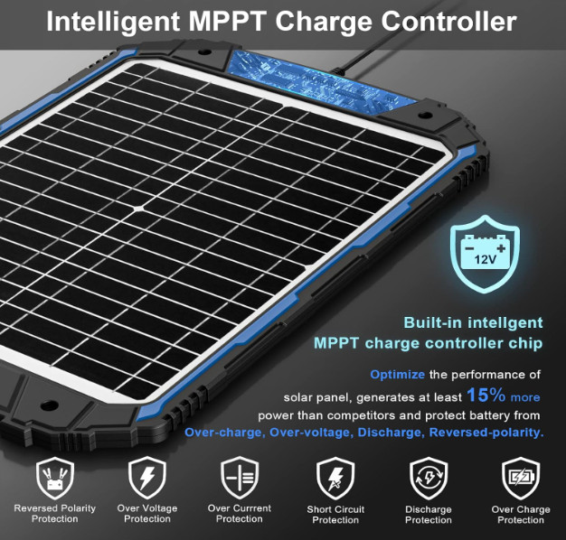 SUNER POWER 20W 12V Solar Battery Trickle Charger Maintainer MPPT Waterproof