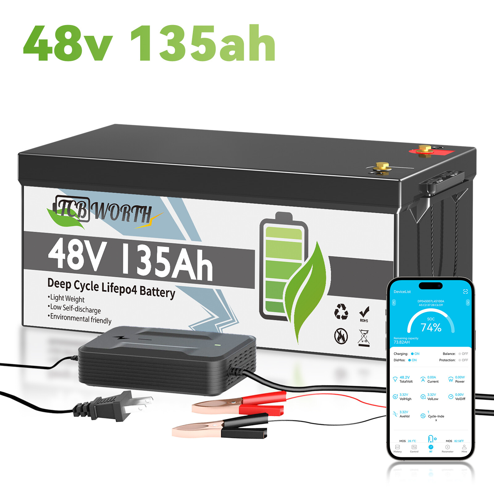 LiFePO4 48V 135AH Lithium Golf Cart Battery 200A JBD BMS for Off-Grid RV Solar