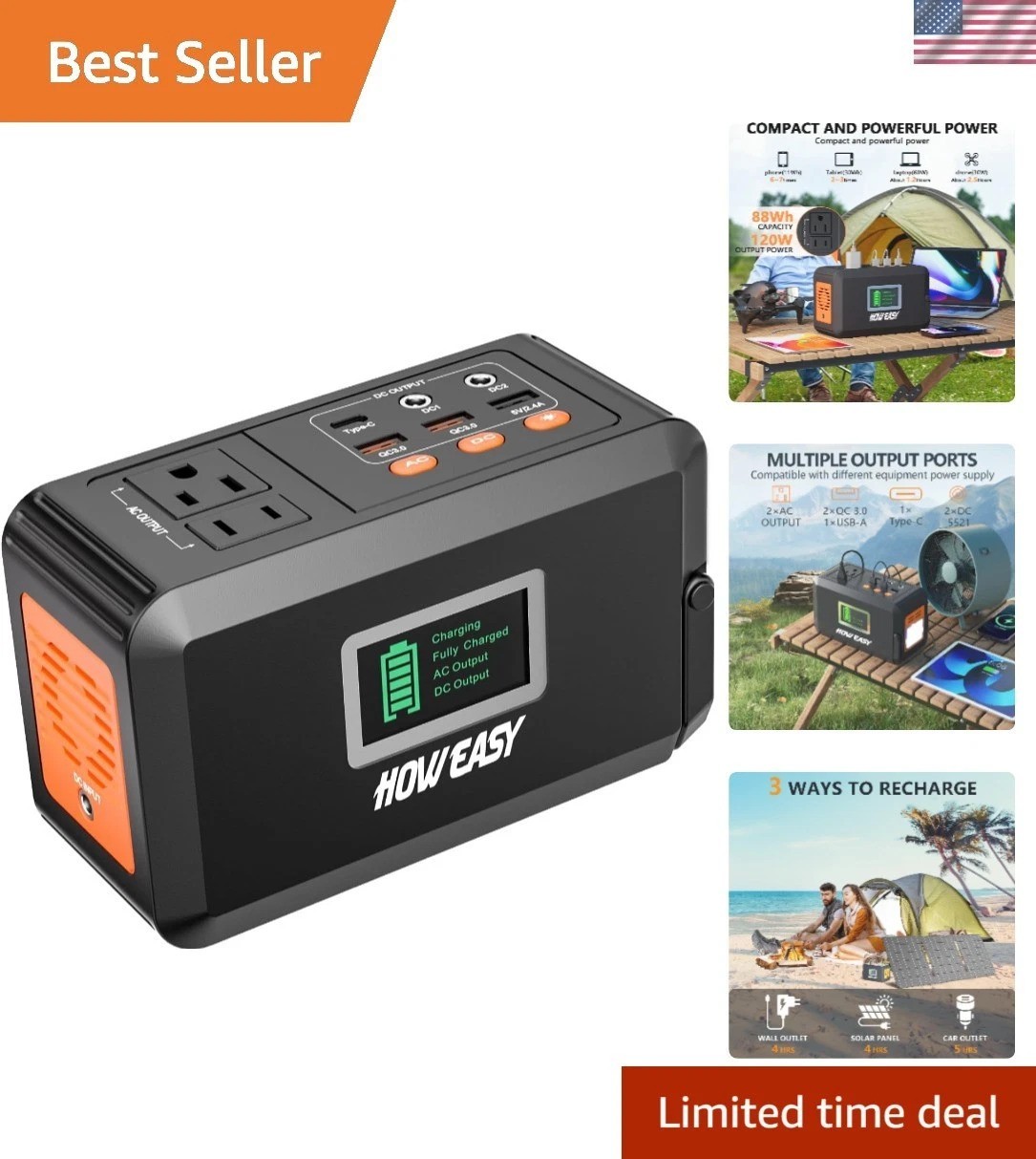 Versatile 88Wh Power Station with Solar Charging and High Brightness LED Light
