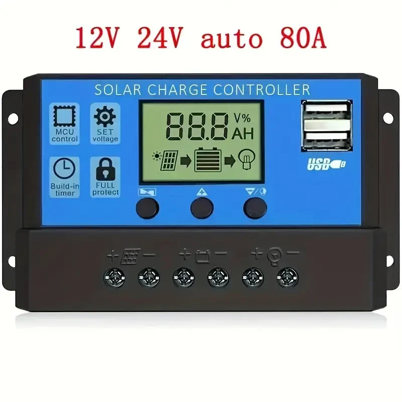 80A Solar Panel Battery Charge Controller 12V 24V, Dual USB Port, LCD Display