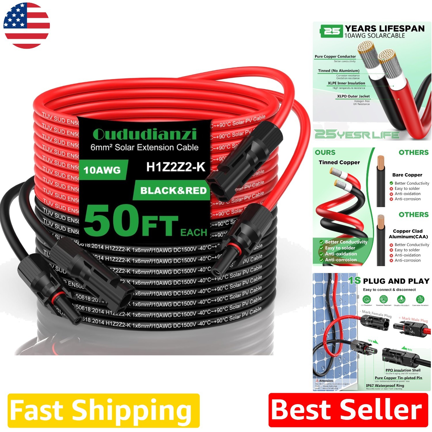 Heavy Duty 50ft Solar Panel Extension Cable – 10 Gauge, Tinned Copper, Low Loss
