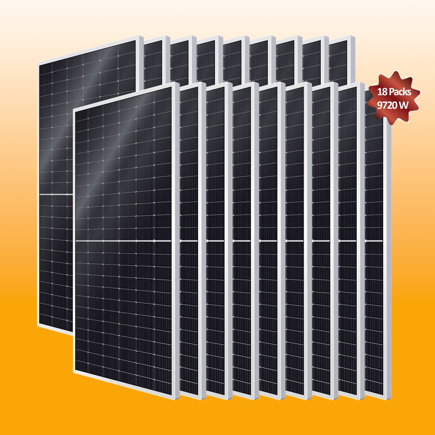 18pack of 540W =9720Watt Bifacial Monocrystalline Solar Panel for RV, Cabin 500W
