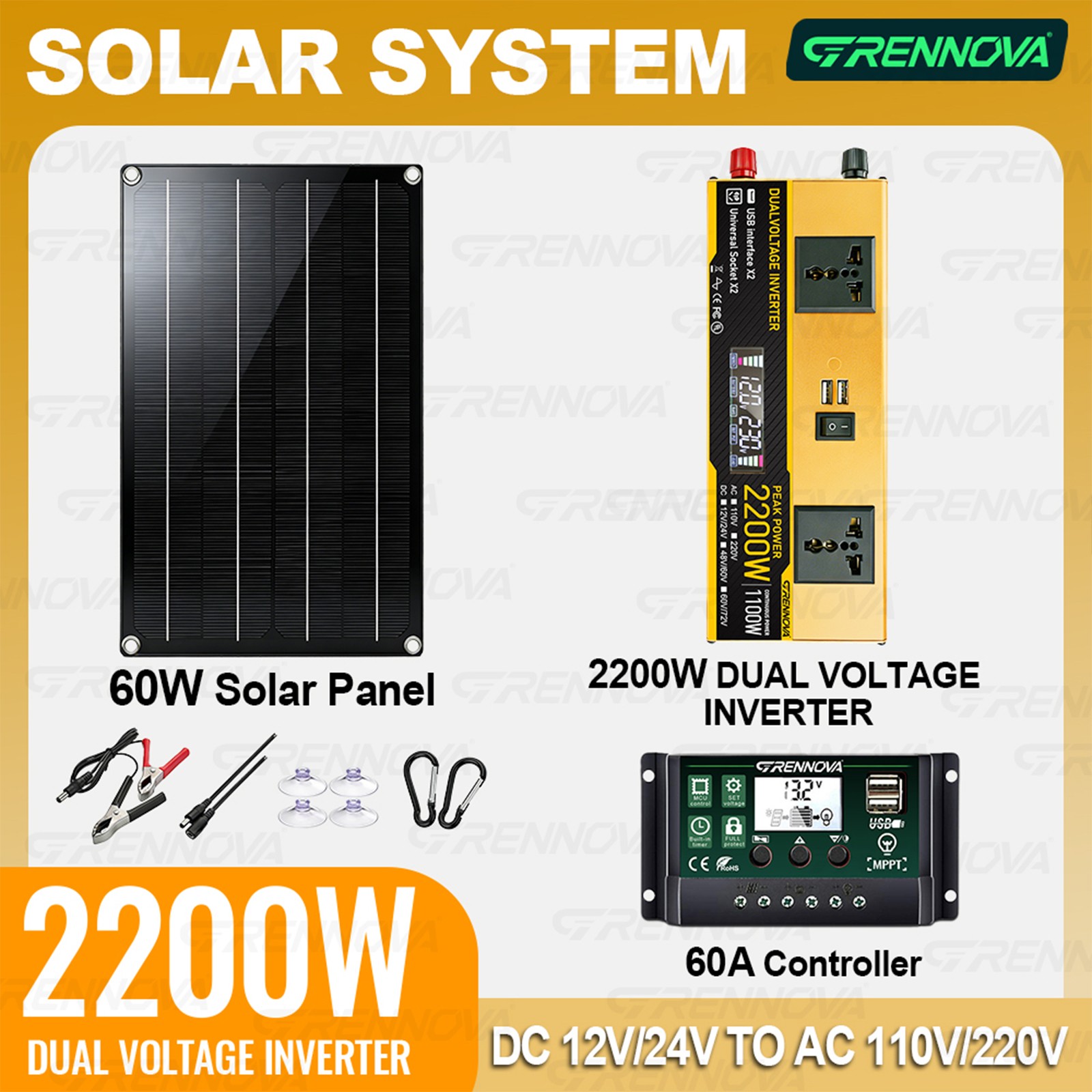 Grennova 2200W Off-Grid Solar Station 60W Panel 60A MPPT Dual Voltage Inverter