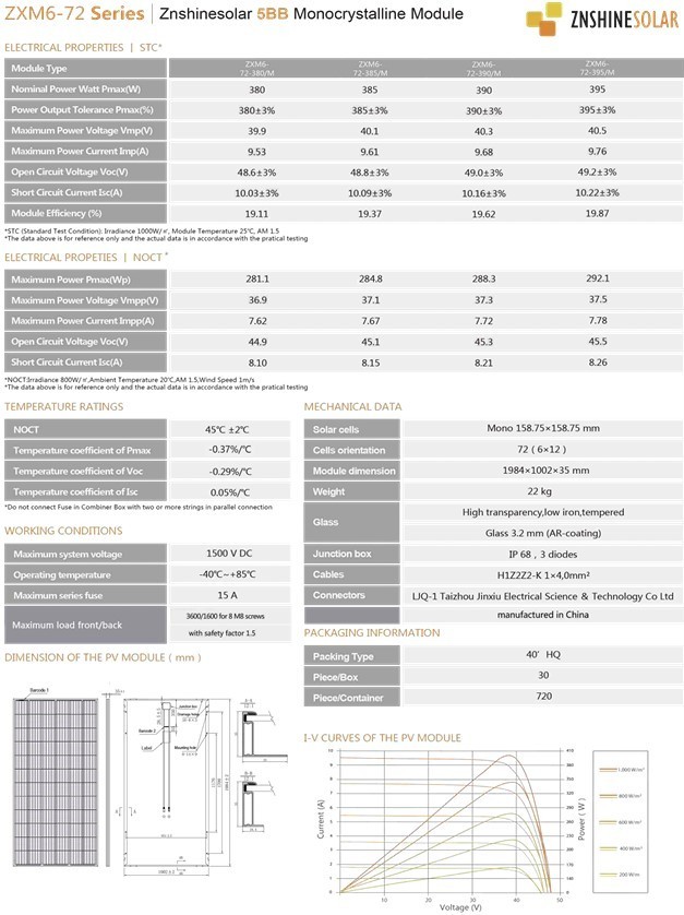 Solar panel 395W ZNShinesolar ZXM6-72-395M