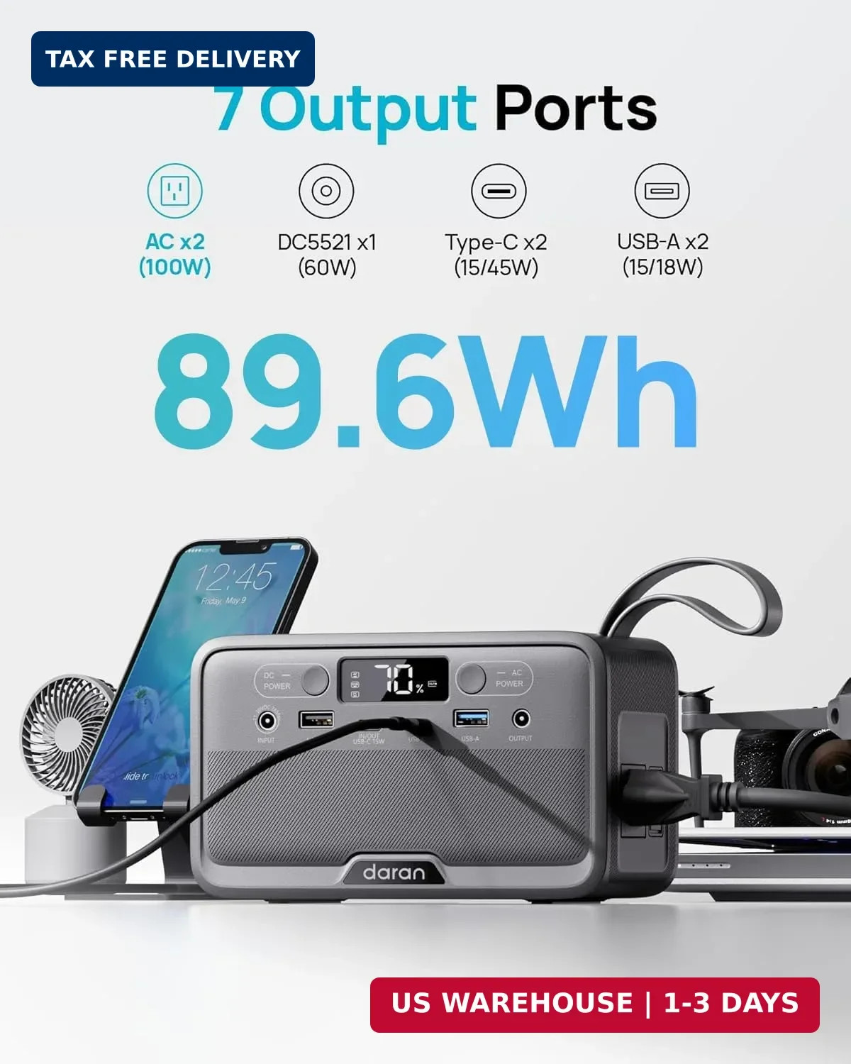 DARAN Portable Power Station 89.6Wh LiFePO4 Battery 100W(200W Peak) Solar Power