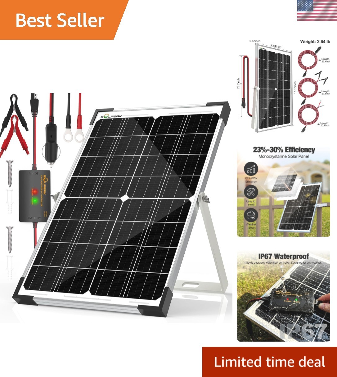 High-Efficiency 15W Solar Panel with Adjustable Bracket & 8A Charge Controller