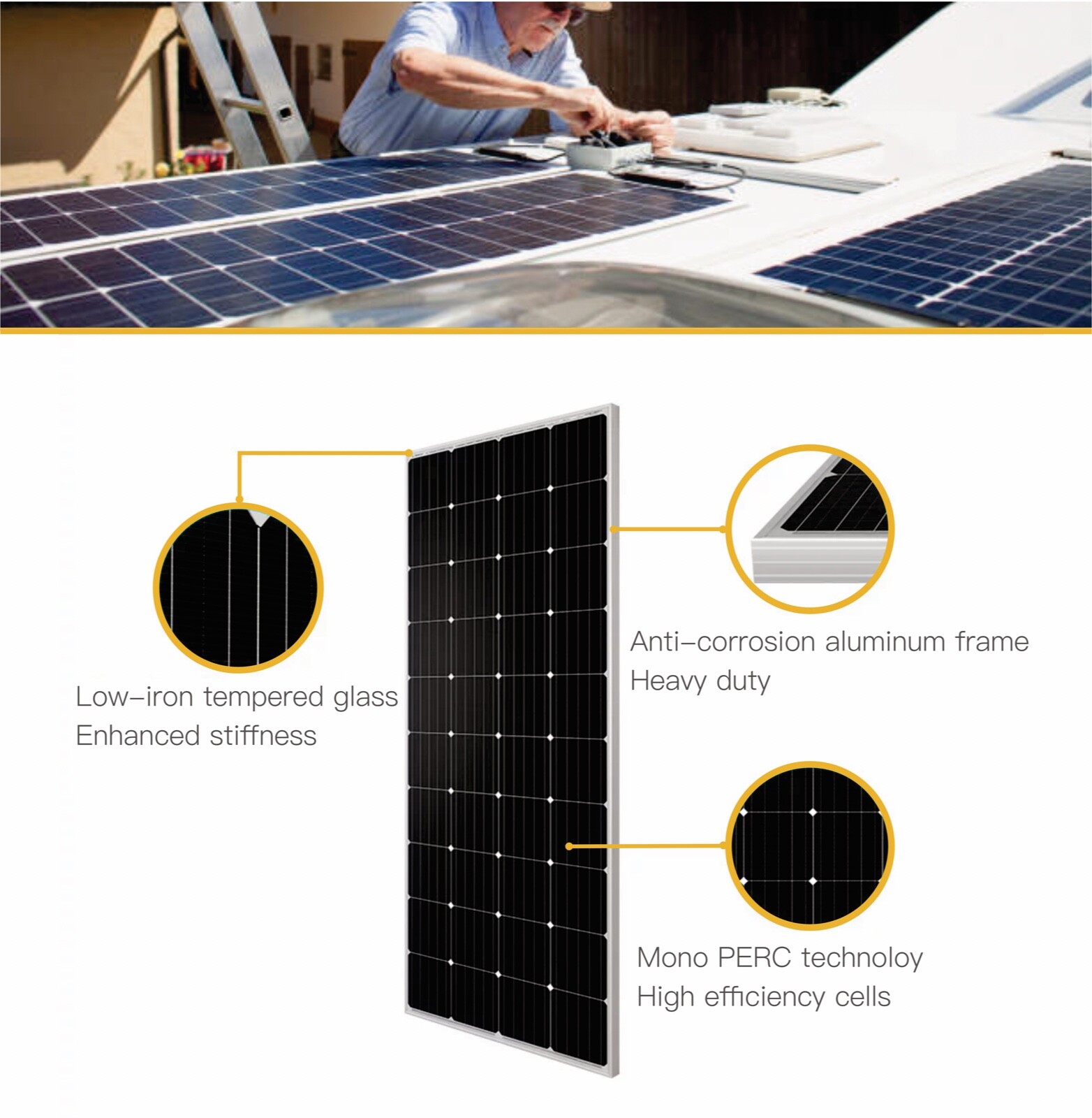 200W solar panel monocrystalline PV module for off-grid RV marine camping