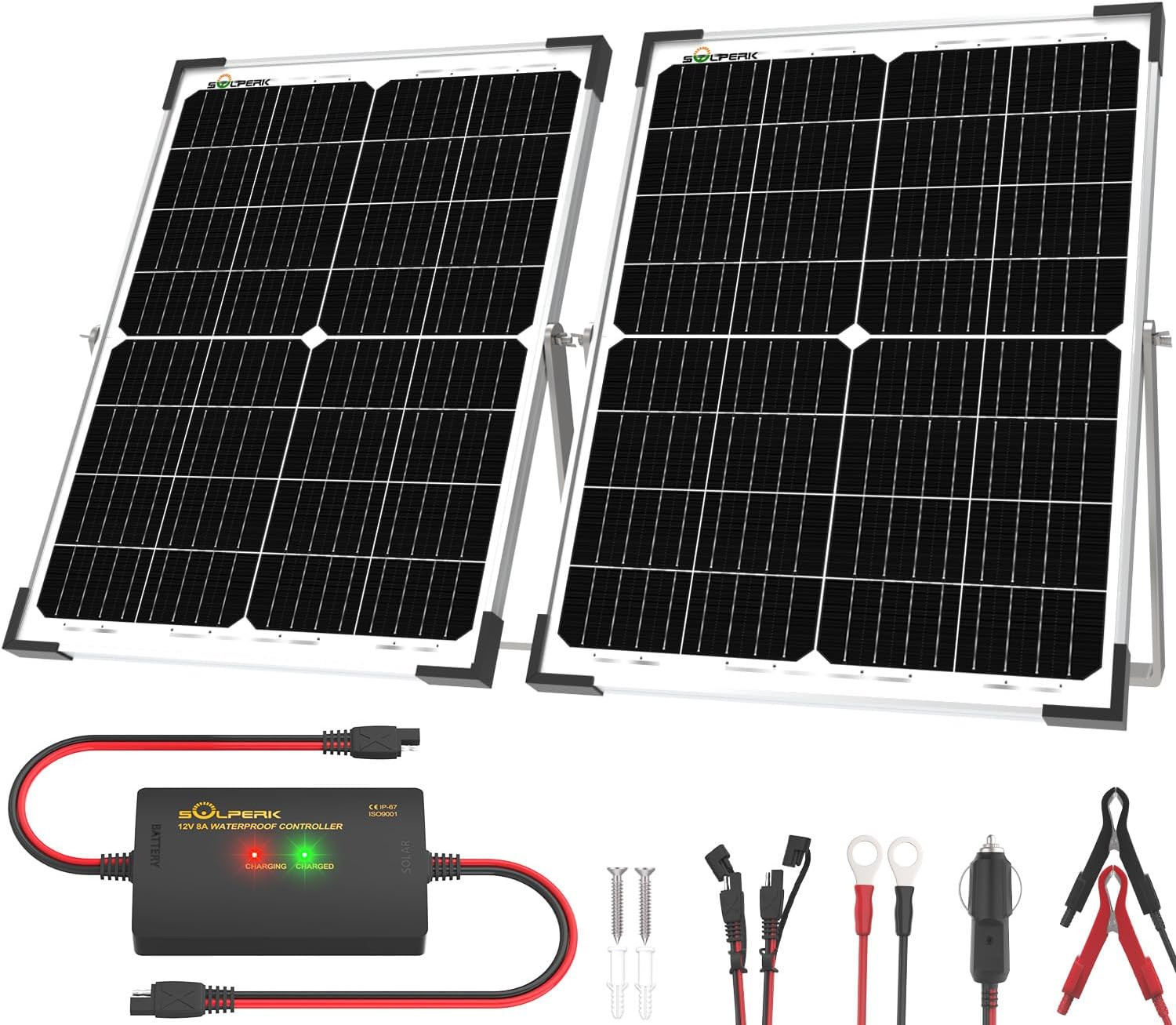 SOLPERK 12V 50W Solar Battery Charger, 2pcs 25W Solar Battery Maintainer+Waterpr