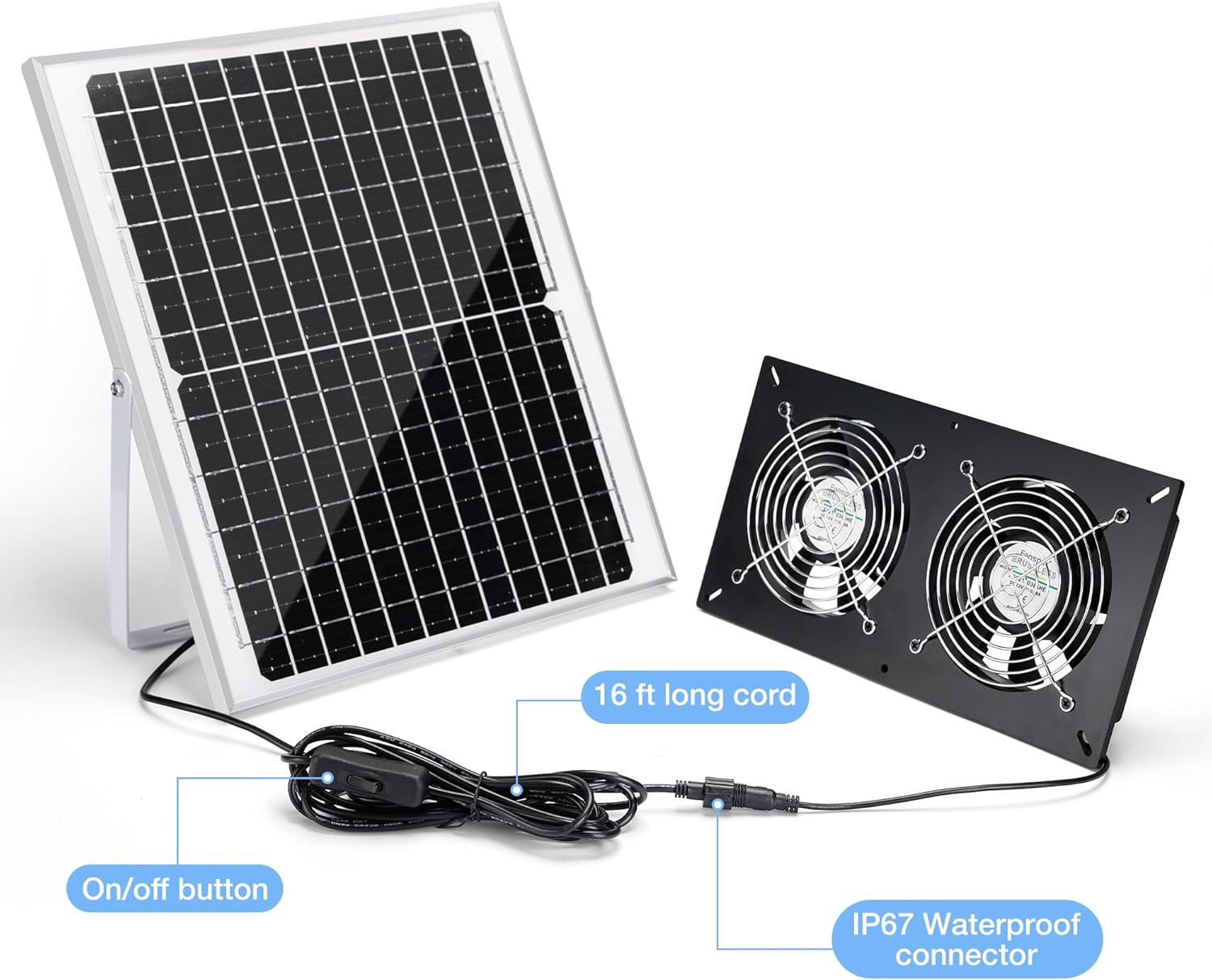 Fanspex Solar 2 Fan Kit, Waterproofed Solar Powered Fans for Outdoor Chicken Coo