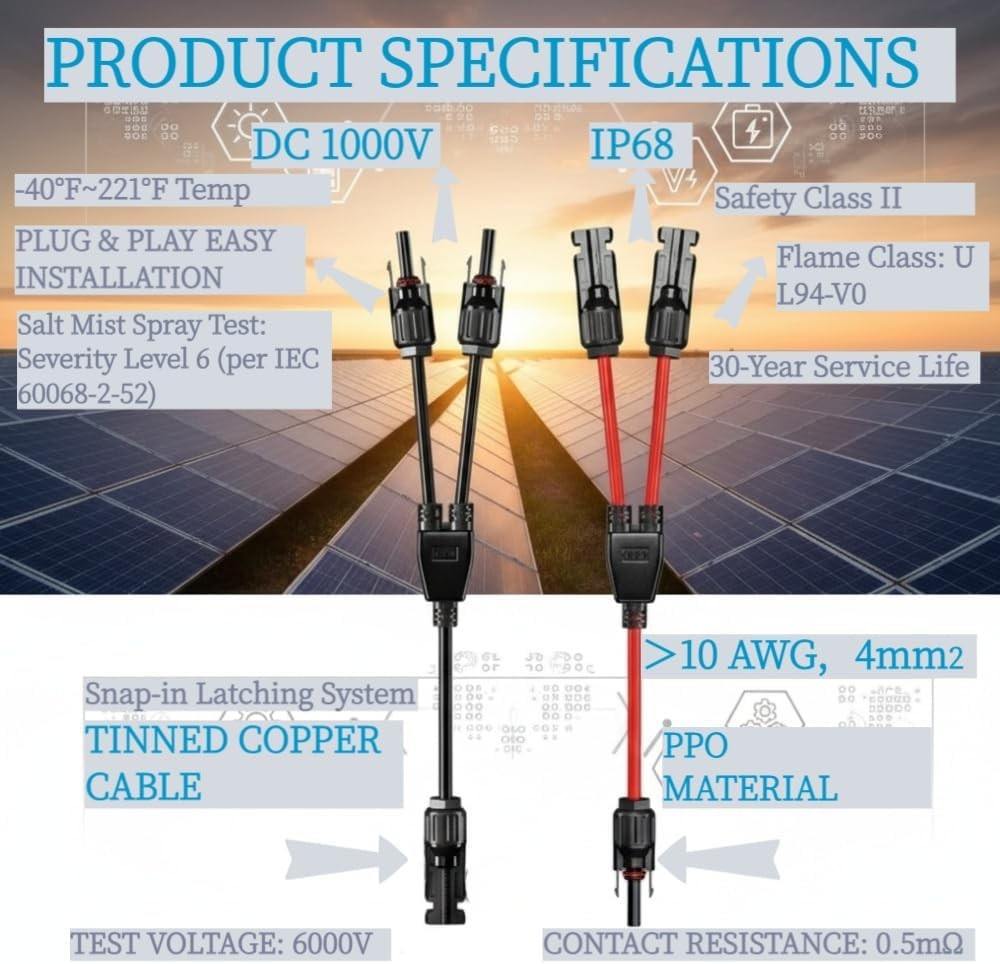 Solar Connectors Y Branch Parallel Panel Adapter Cable Wire Plug Tool Kit for PV