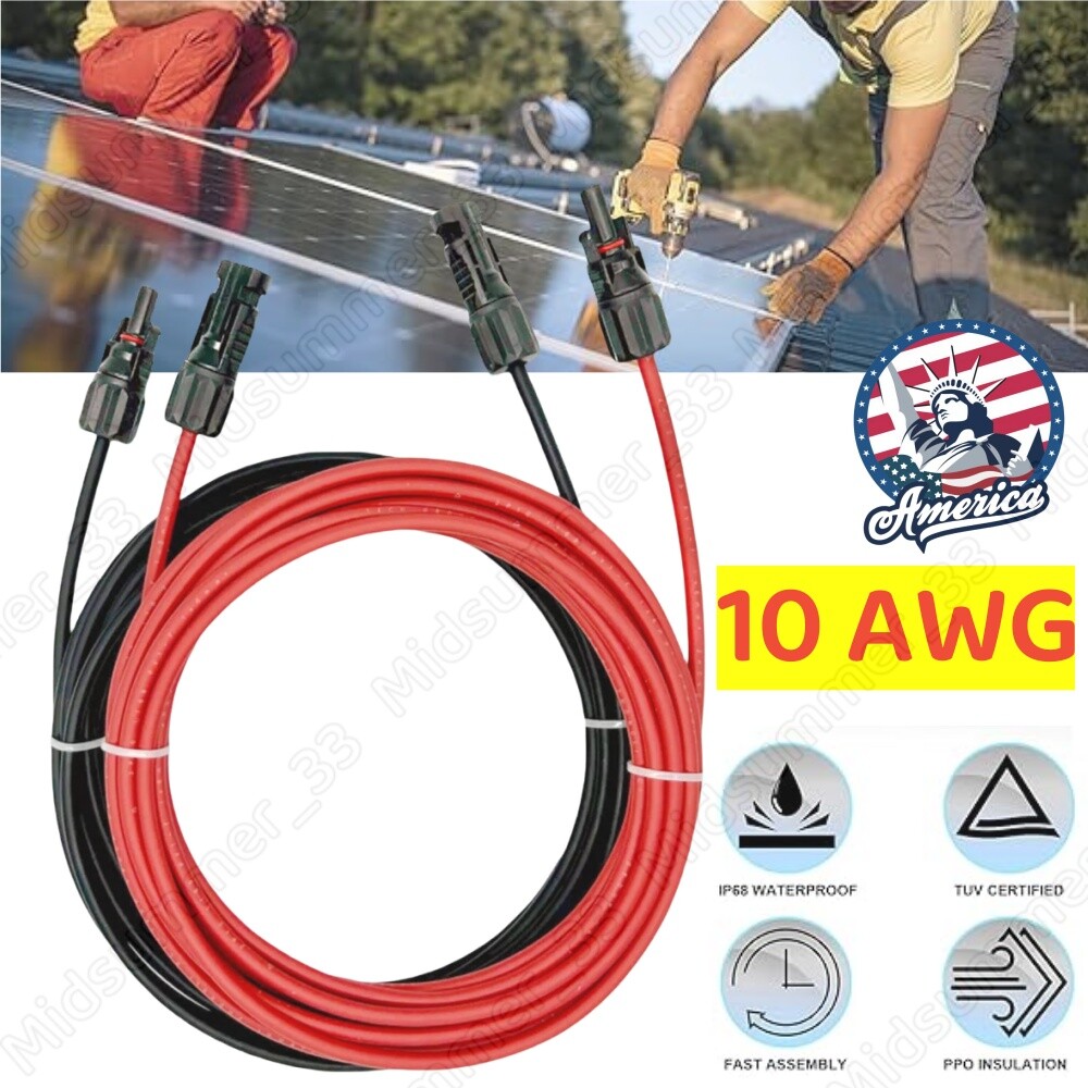 10 AWG Solar Panel Extension Cable PV Wire Solar Connectors Pair Black Red 6mm²