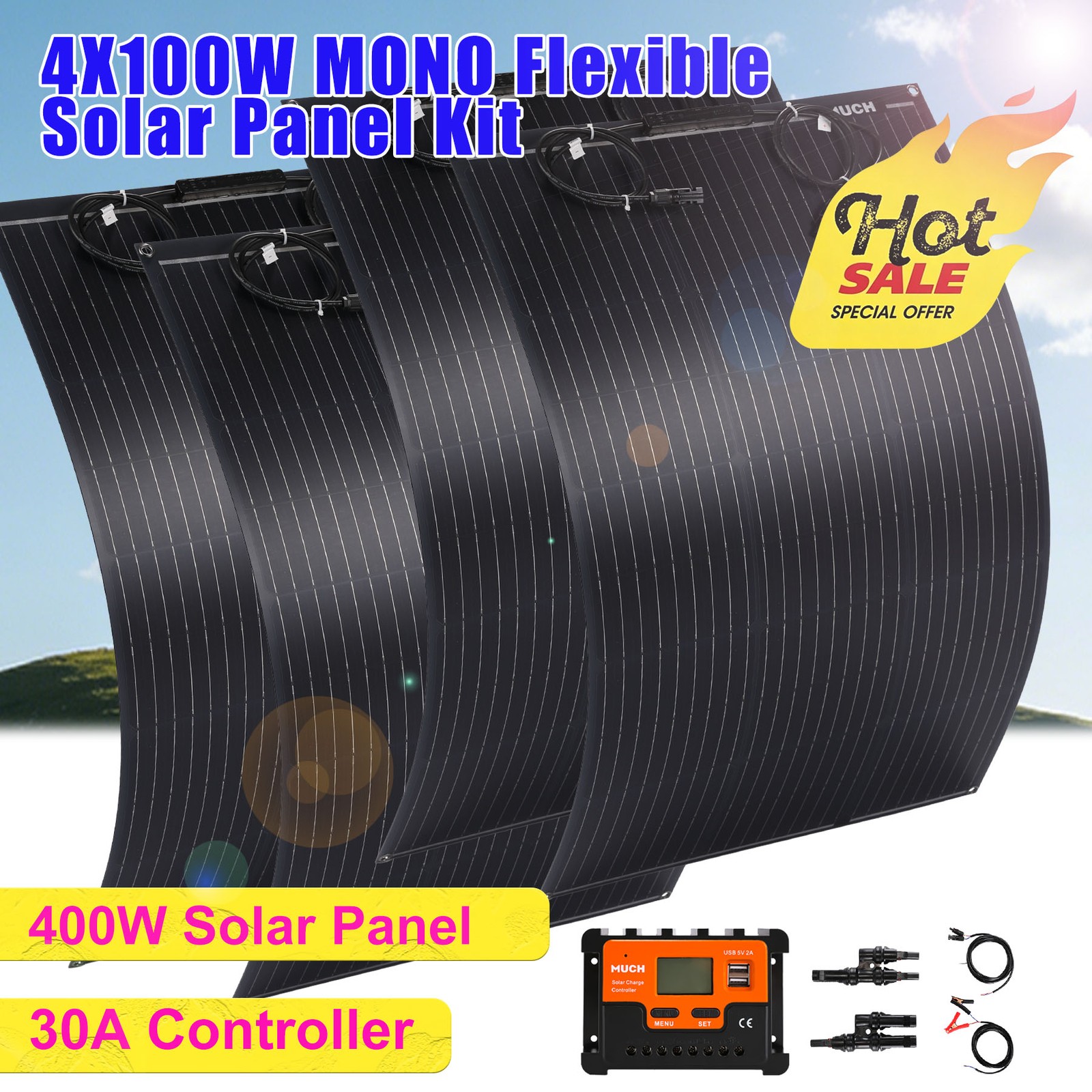 MUCH 4 x 100W Flexible Solar Panel Kit High Conversion Mono for RV/Camp/Boat