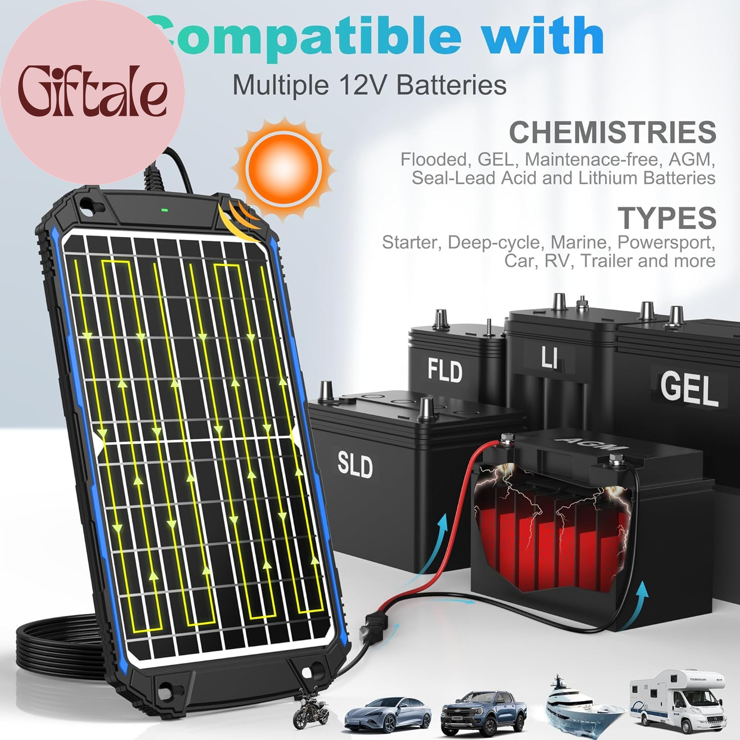 Waterproof 12W 12V Solar Battery Charger & Maintainer Pro, Built-In Ultrasmart M