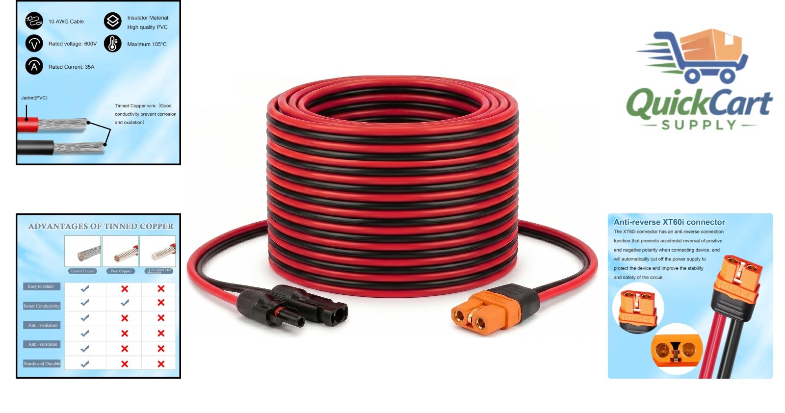 Durable 25FT Solar Panel to XT60i 10AWG Cable – Reliable & Efficient Connectors