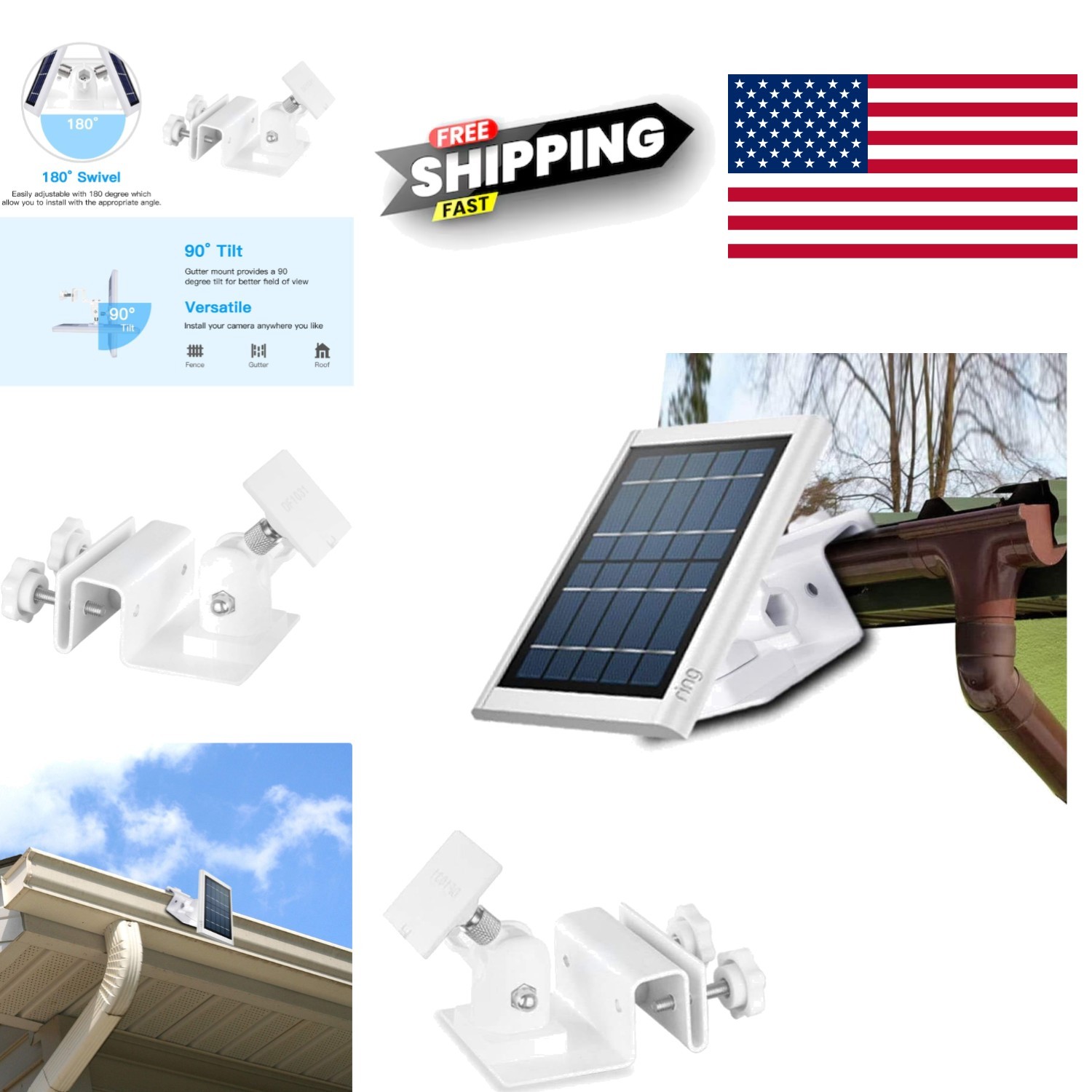 Outdoor Solar Panel Gutter Mount Adjustable Angle White Aluminum Alloy Bracket