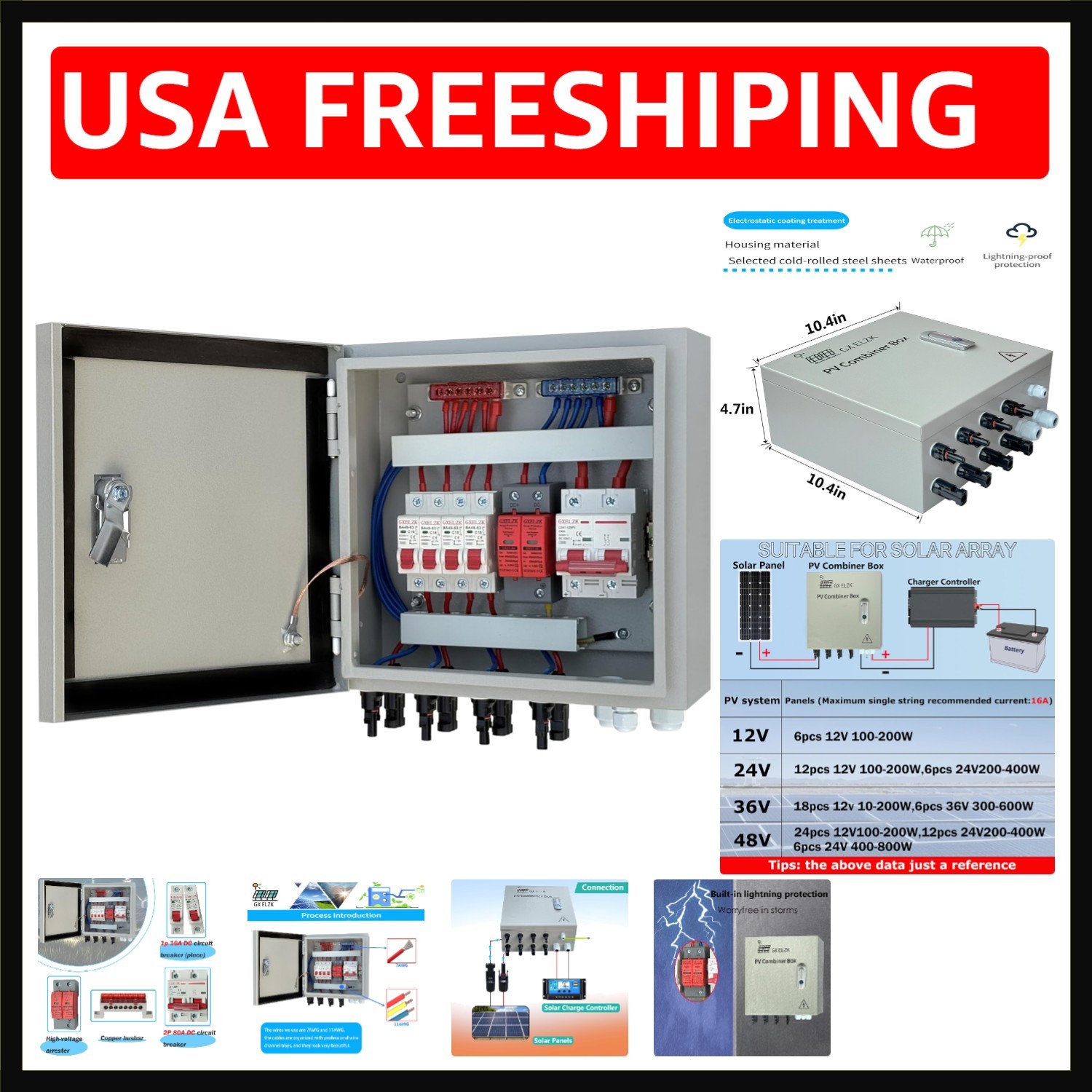 Durable 4-String Solar Combiner Box with 80A Circuit Breakers for Off-Grid Use