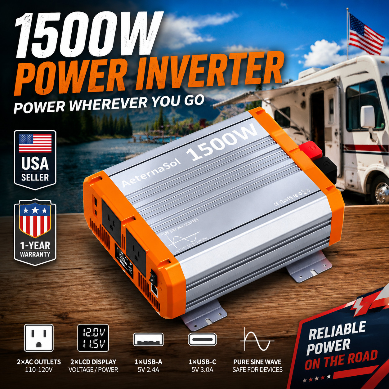 1500W Power Inverter Pure Sine Wave Inverter 12V 110V 120V Car Truck Boat Solar