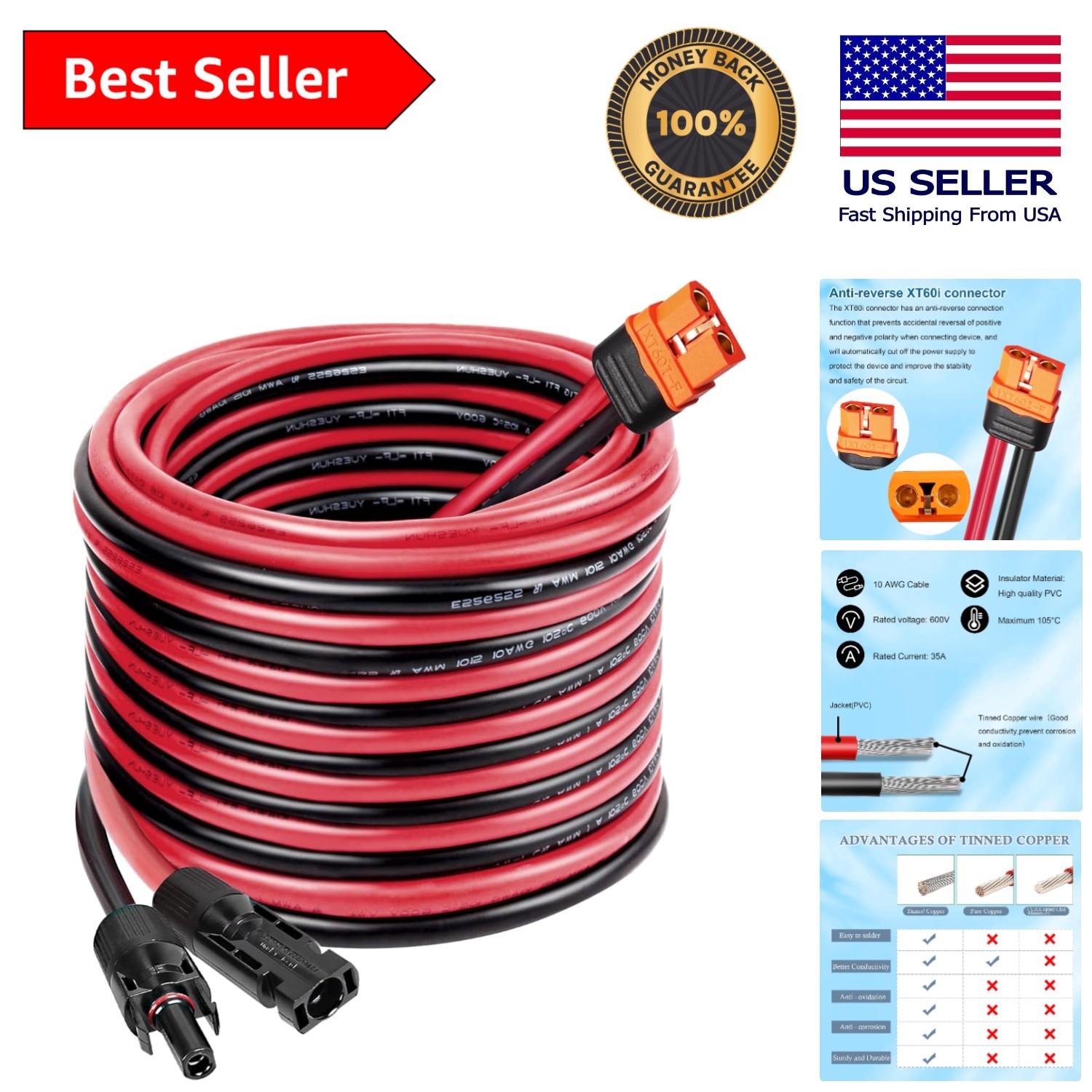 10AWG Solar to XT60i Cable – 25FT High-Efficiency Connector for Solar Generators