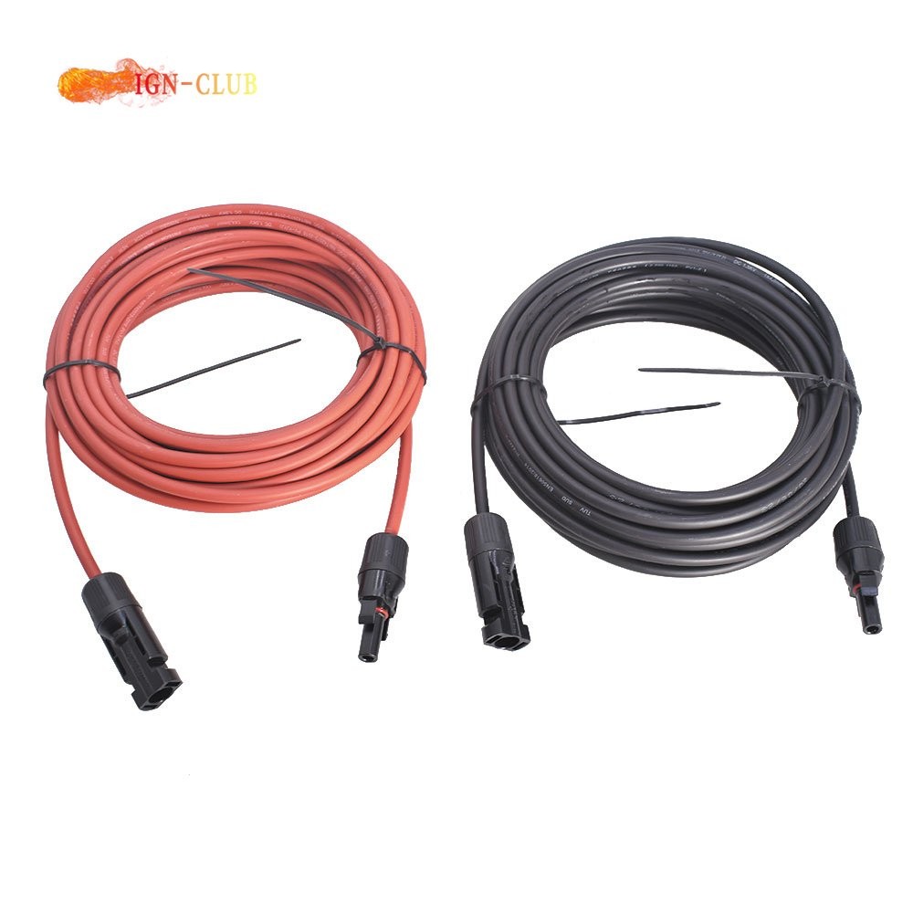 4mm²/12AWG 1 Pair Solar Panel Extension Cable Wire Connector 20ft Black+Red