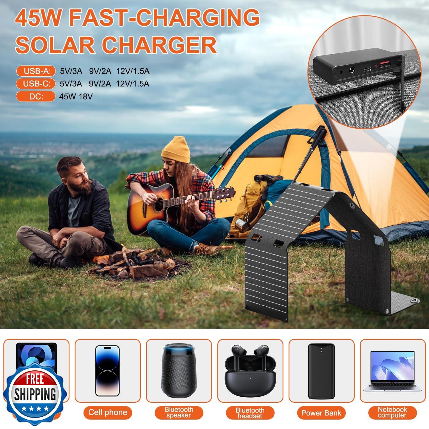 NHZOTUD 45W Solar Panels Charger with Handle 18V USB-A USB-C DC Portable Fold