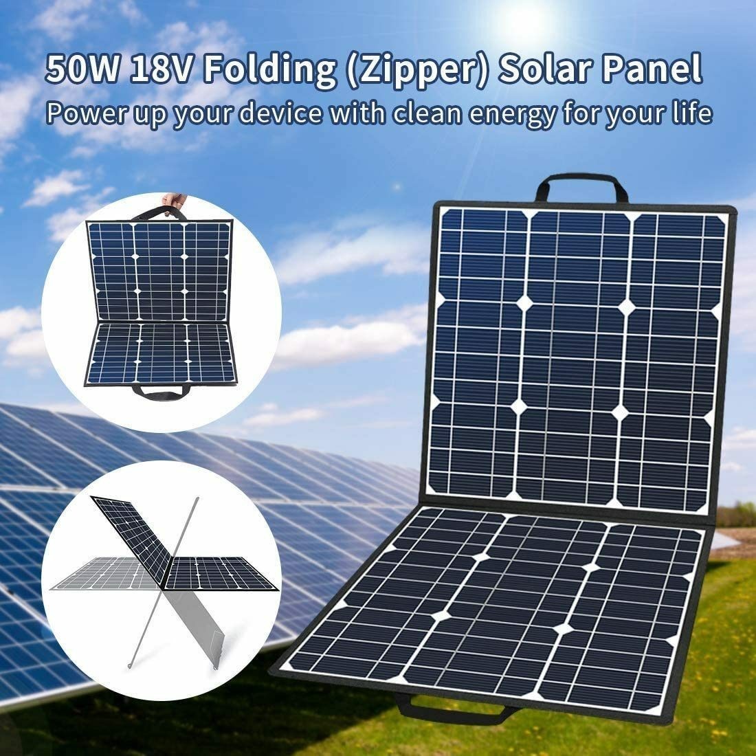50W 18V Portable Solar Panel, Flashfish Foldable Solar Charger with 5V USB 18V D