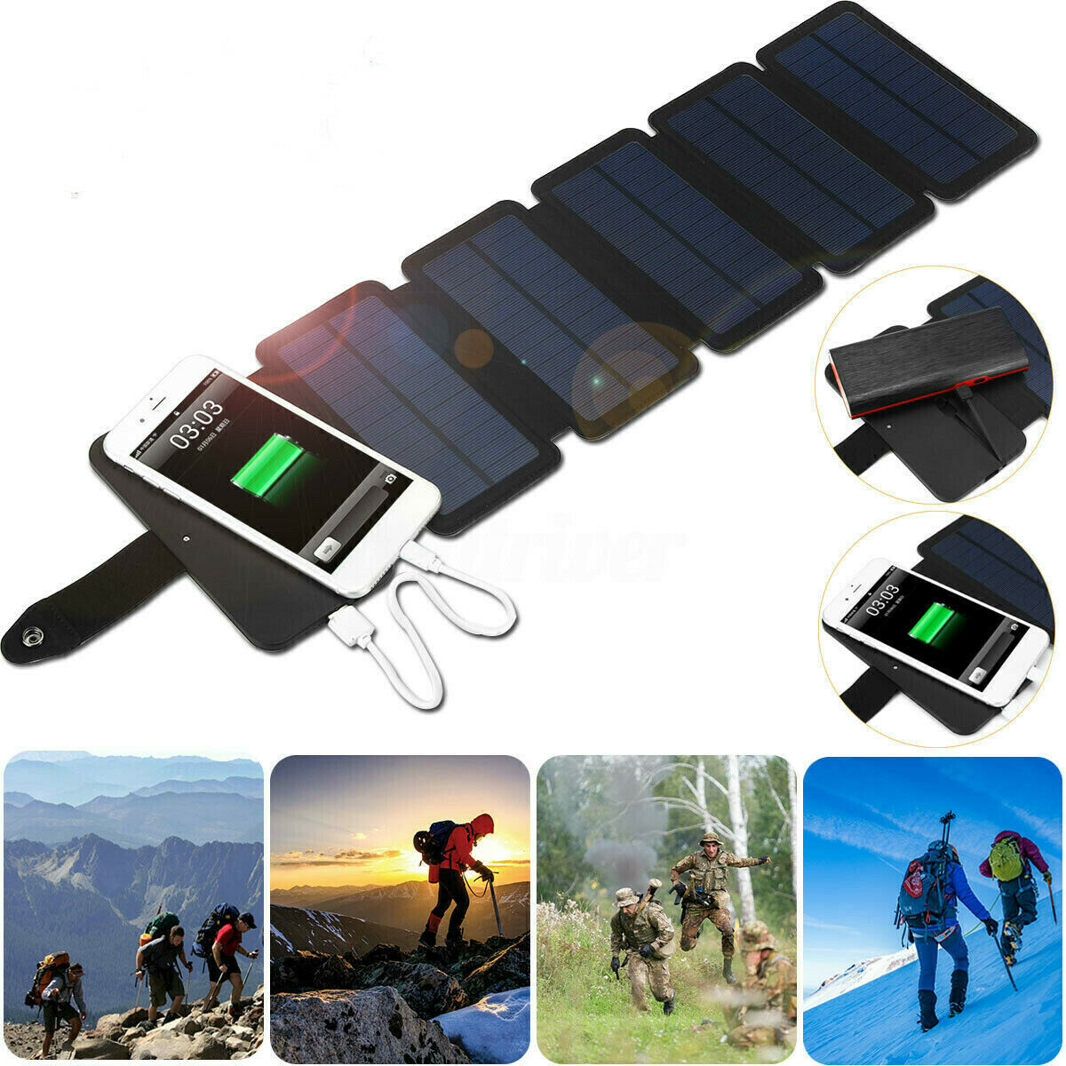 Solar Panel Folding Solar Power Bank Outdoor Camping Hiking USB Phone Charger US