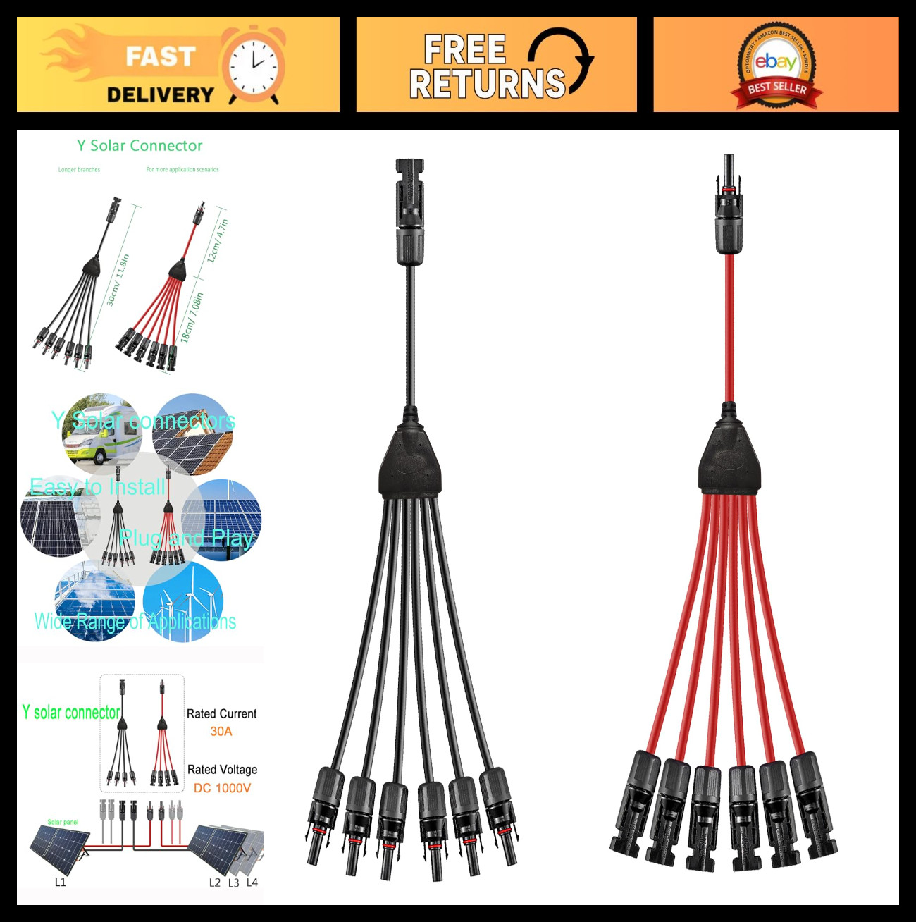 “1 to 6 Solar Y Branch Parallel Connector Cable, 10AWG 45A Waterproof IP68, 30CM