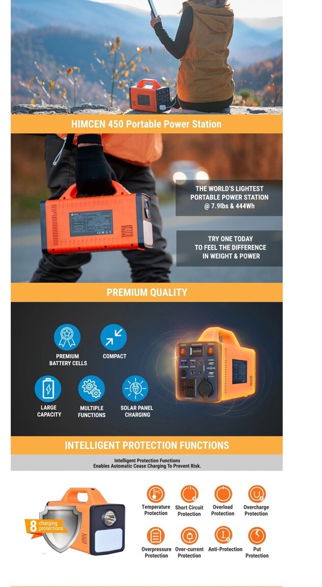Himcen 450 Battery Portable Mobile Power Storage 600W AC 220V/110V 50HZ/60HZ