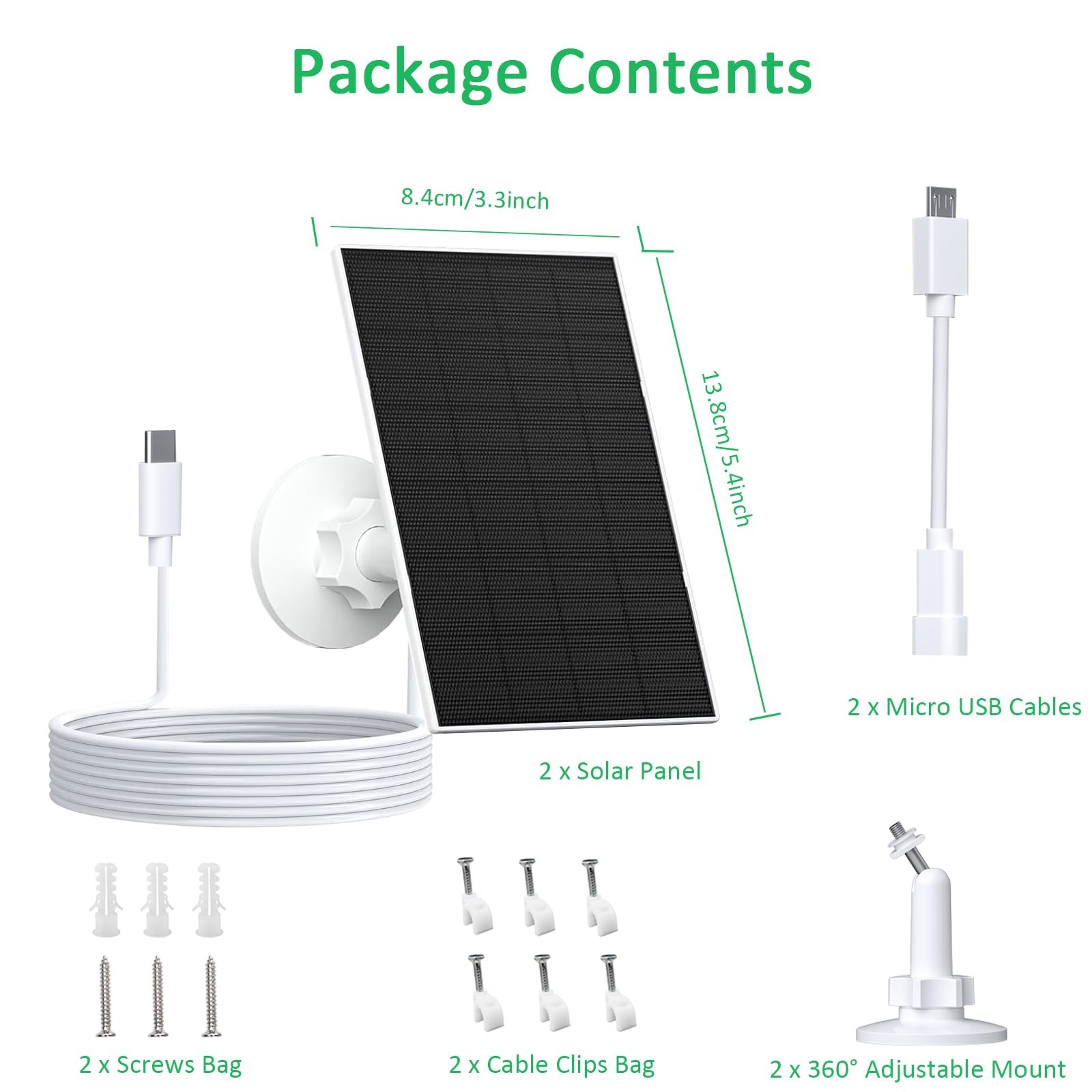2W Solar Panel for Cameras, USB-and USB, White, 2 Pack