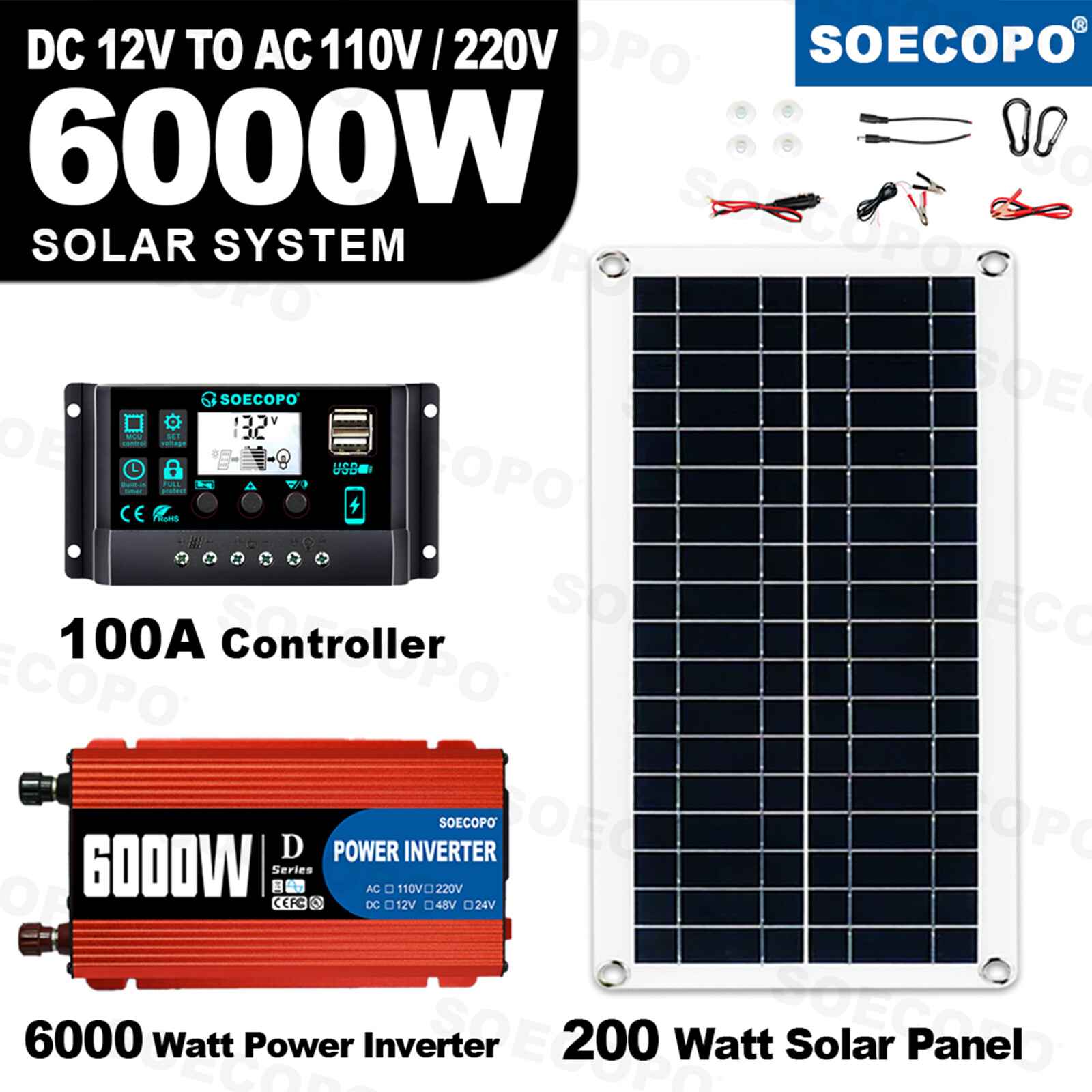 6000W 100A 110V Solar Panel Kit Complete Solar Power Generator Home Grid Syste