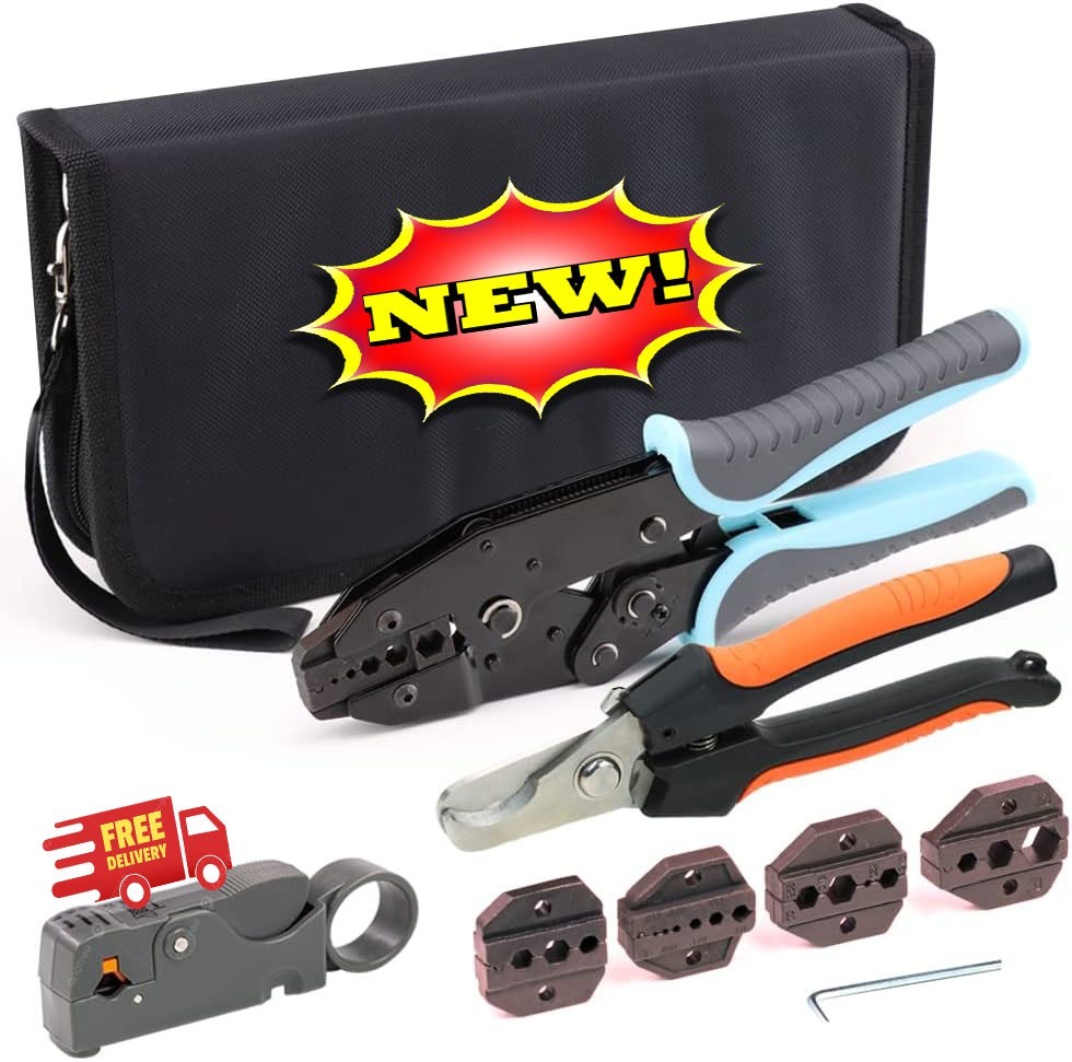 Kit de crimpado de trinquete para cables coaxiales RG y conectores RF con 5 mord