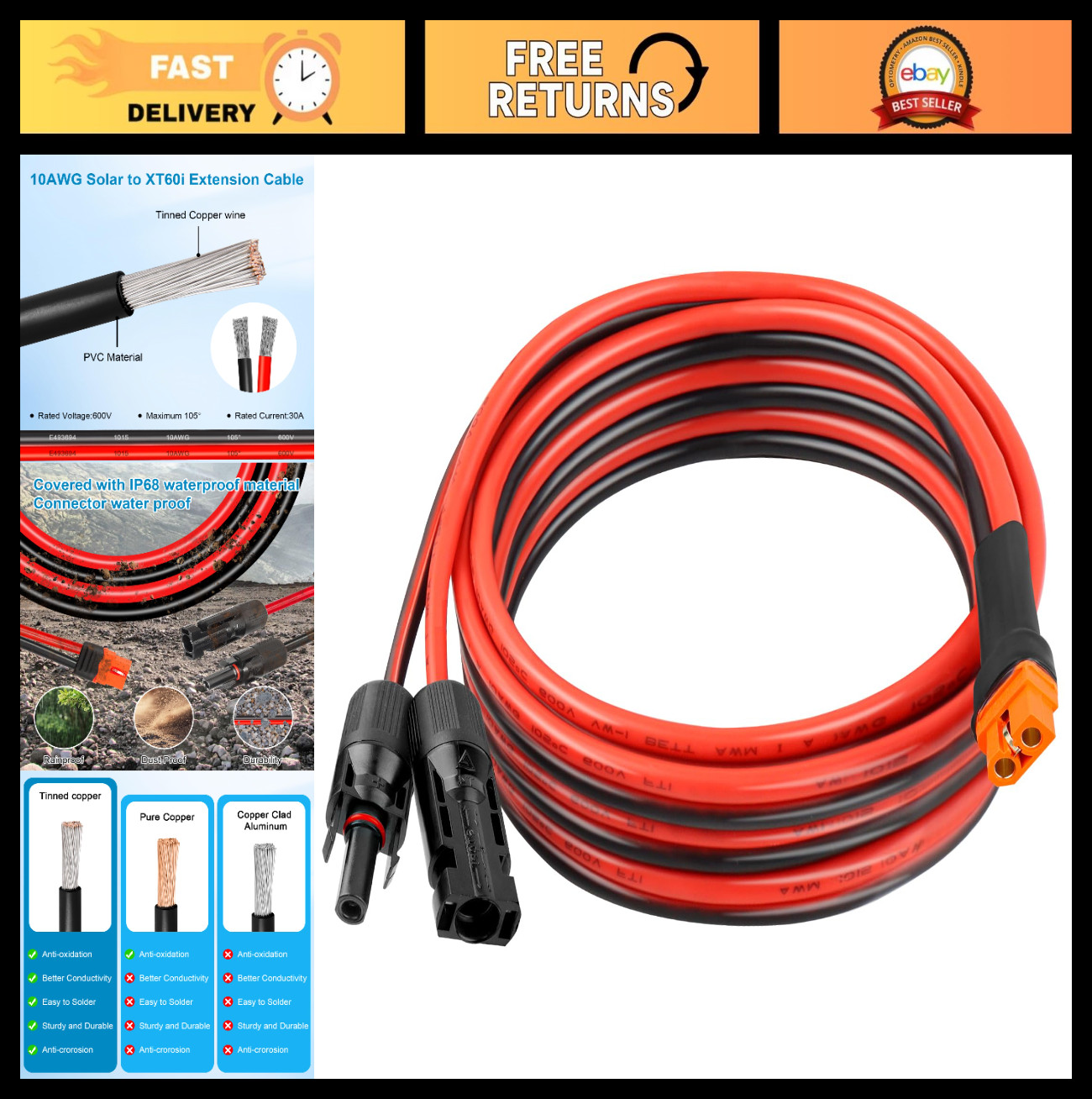 15FT 10AWG Heavy Duty Solar XT60i Extension Cable for Power Station, RV, Battery