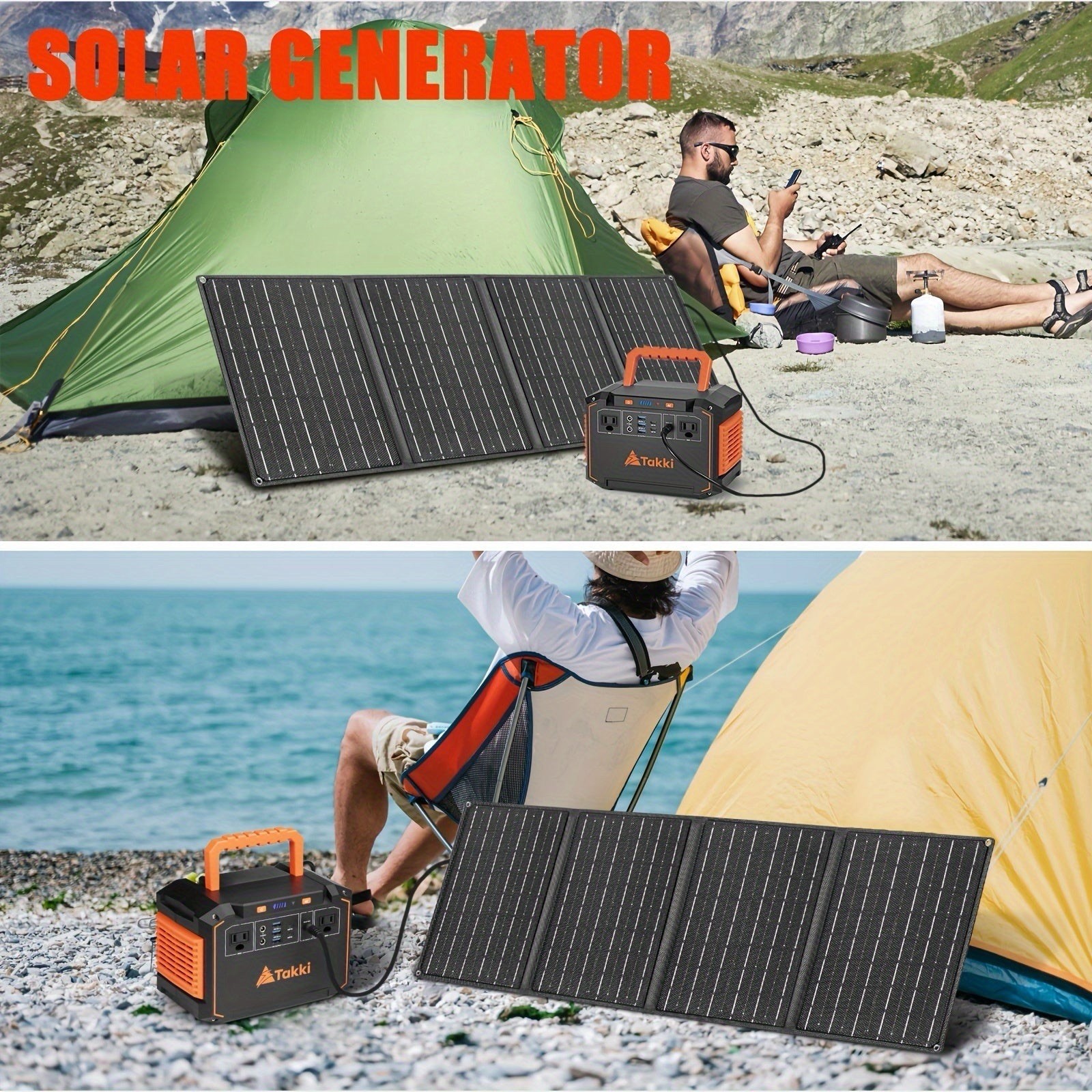 Takki 300w Portable Power Station Solar Generator W/ Foldable Solar Panel Back