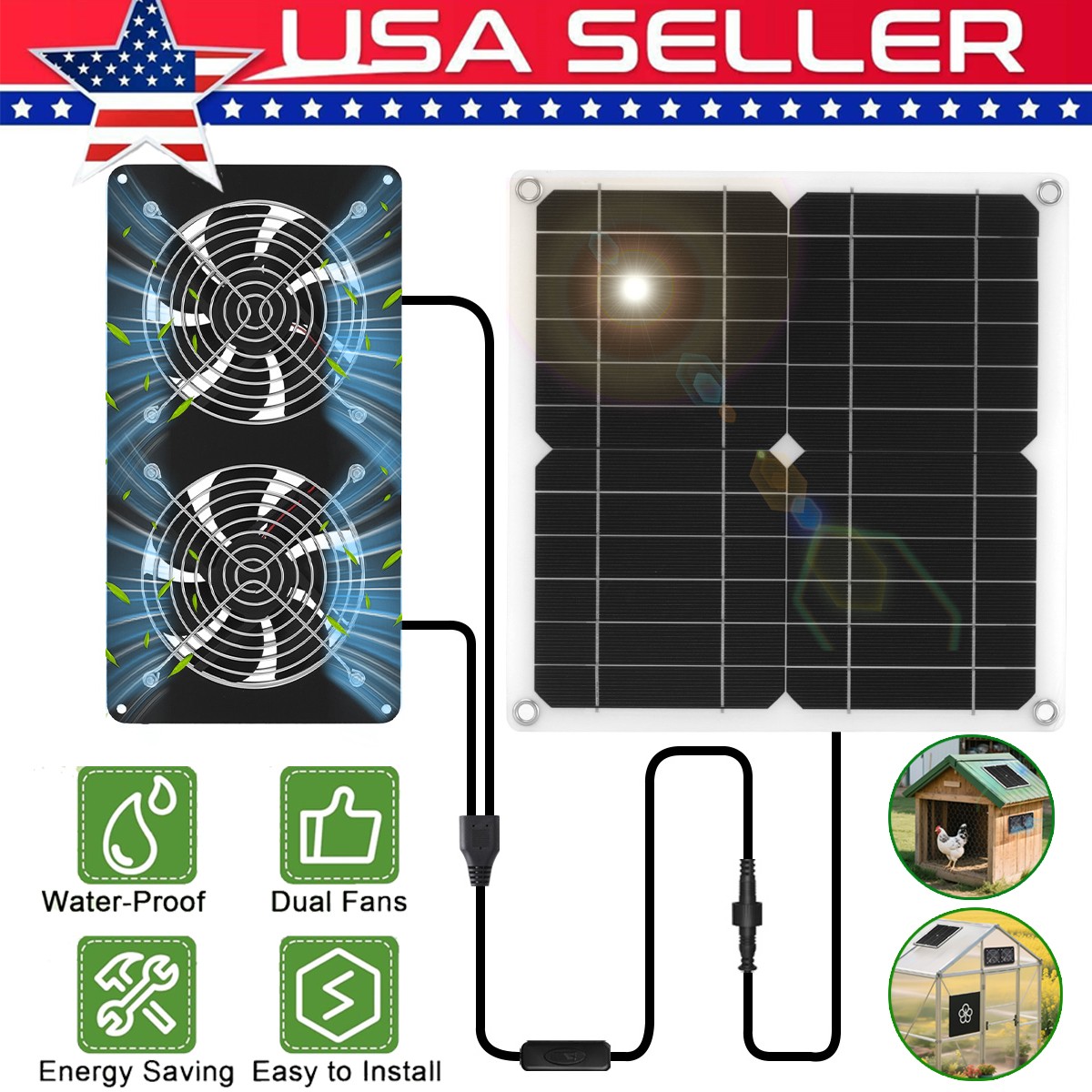 Waterproof 15W Solar Panel with 2 Fans Kit For Chicken Coops Sheds Pet Houses