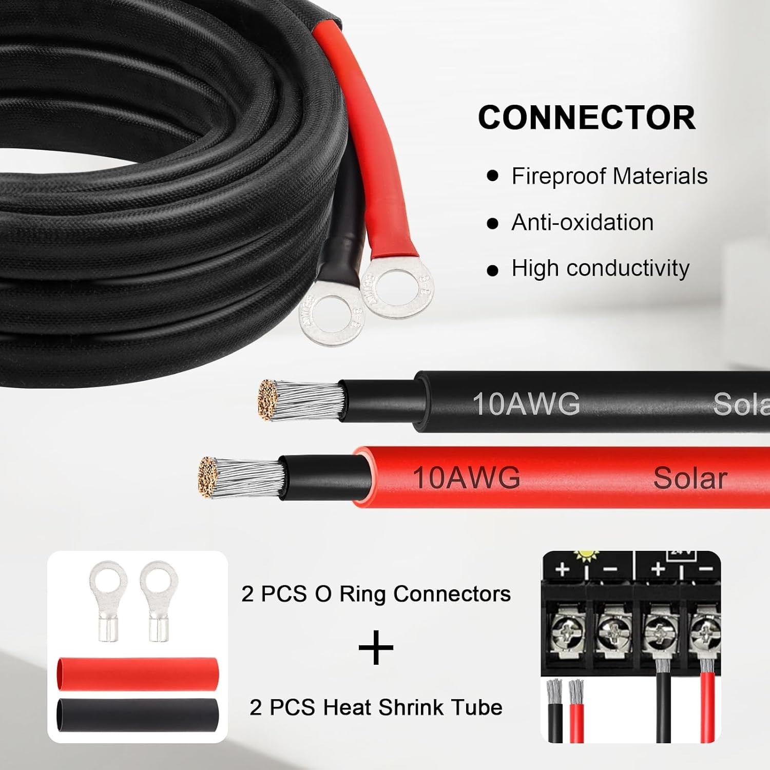 High-Efficiency 10 AWG Solar Battery Cable with Protective Sleeving – 3FT Length
