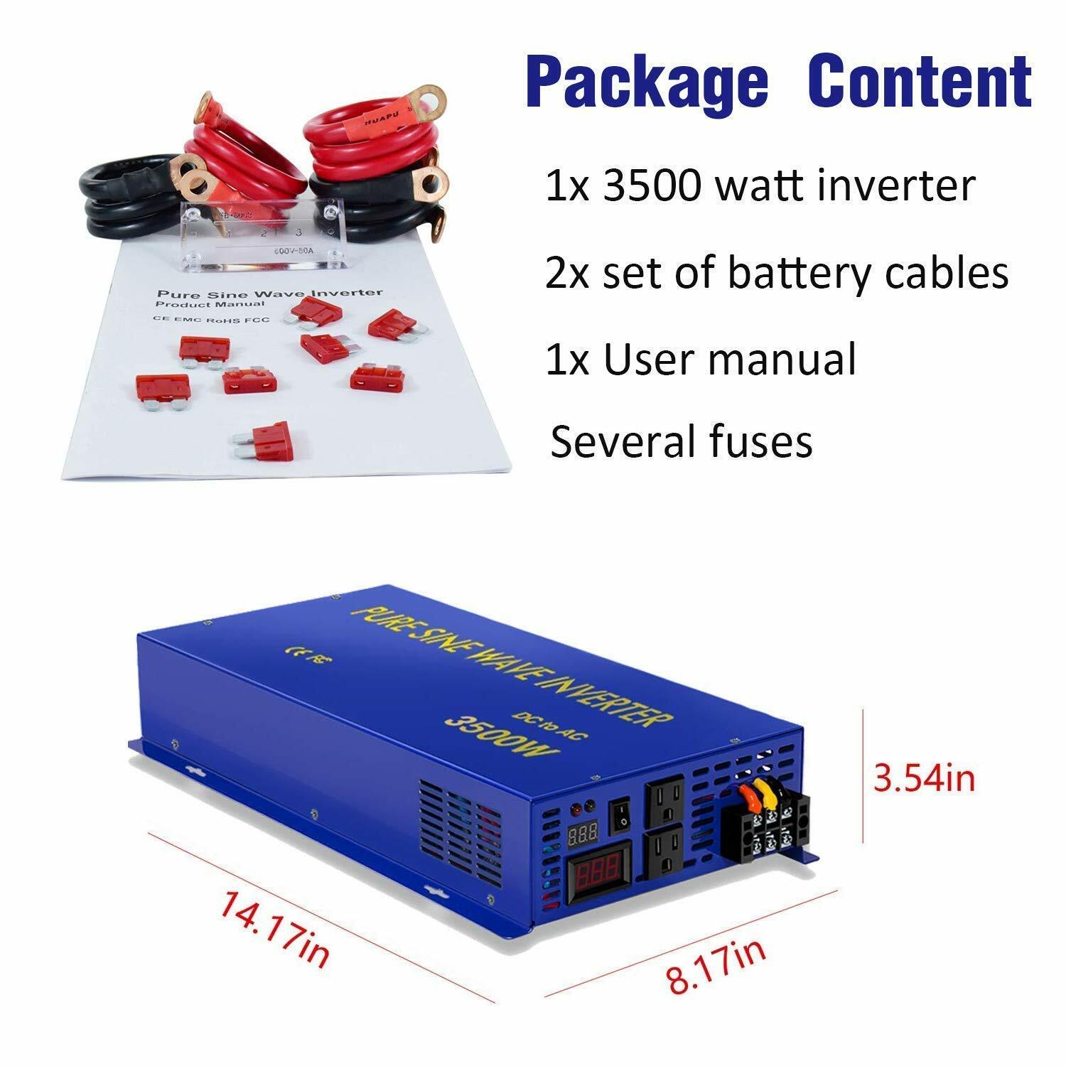 48V Pure Sine Wave Inverter 3500W 110V 120V 7000W Surge Car Truck Motor Solar RV