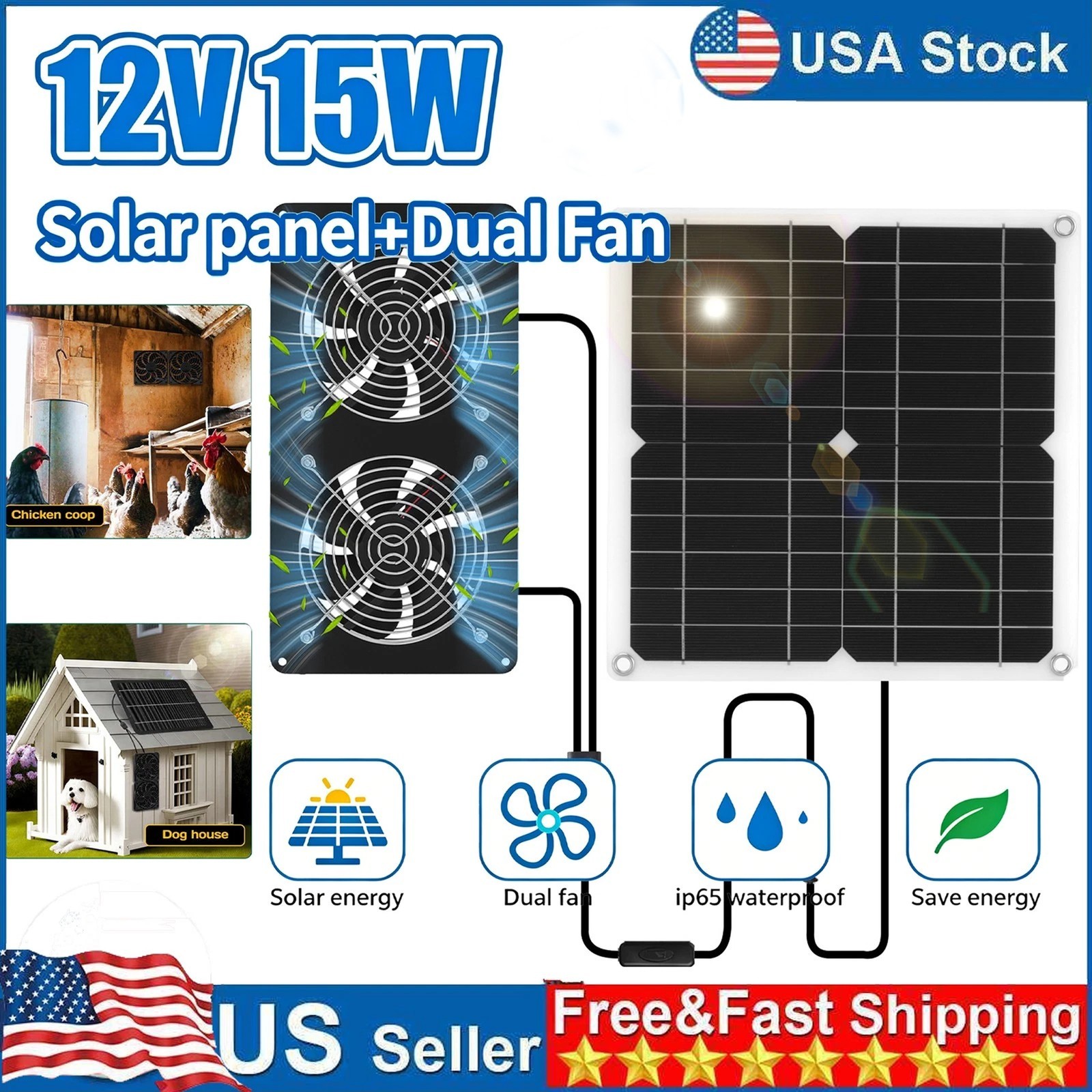 15W Dual Head Solar Exhaust Fan, IP65 Waterproof Ventilation Fan for Greenhouse