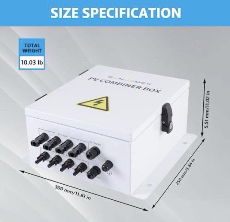 4 String Metal Solar Combiner Box, IP65 Waterproof PV Combiner 20A Rated Fuse