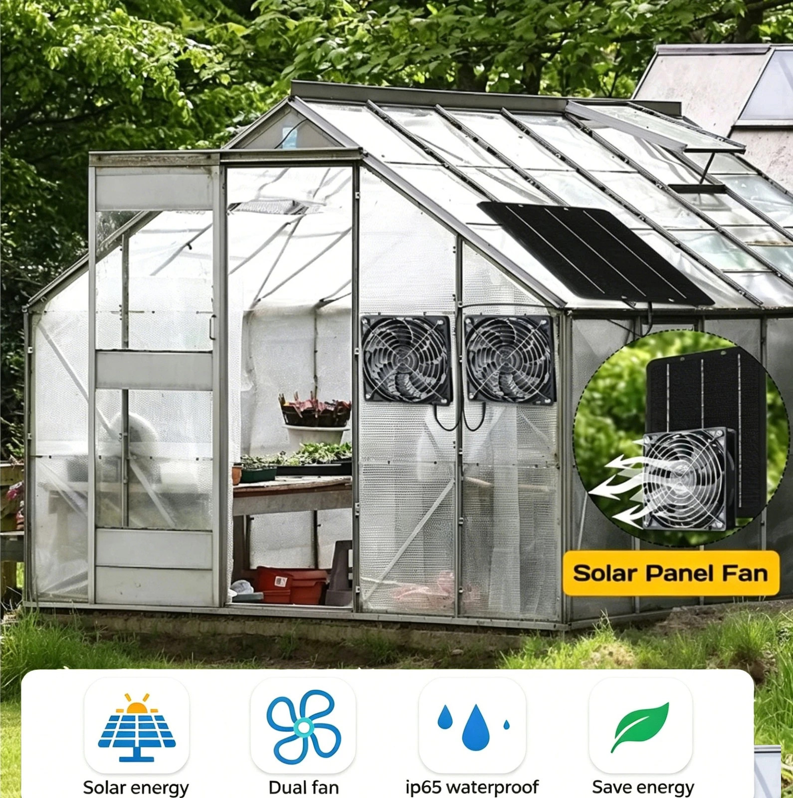 15W Dual Head Solar Exhaust Fan, IP65 Waterproof Ventilation Fan for Greenhouse