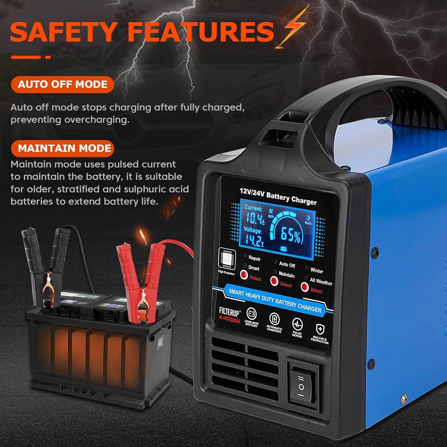 12V 24V Lead-Acid Battery Charger Heavy Duty, 0-15A Smart Automatic Battery